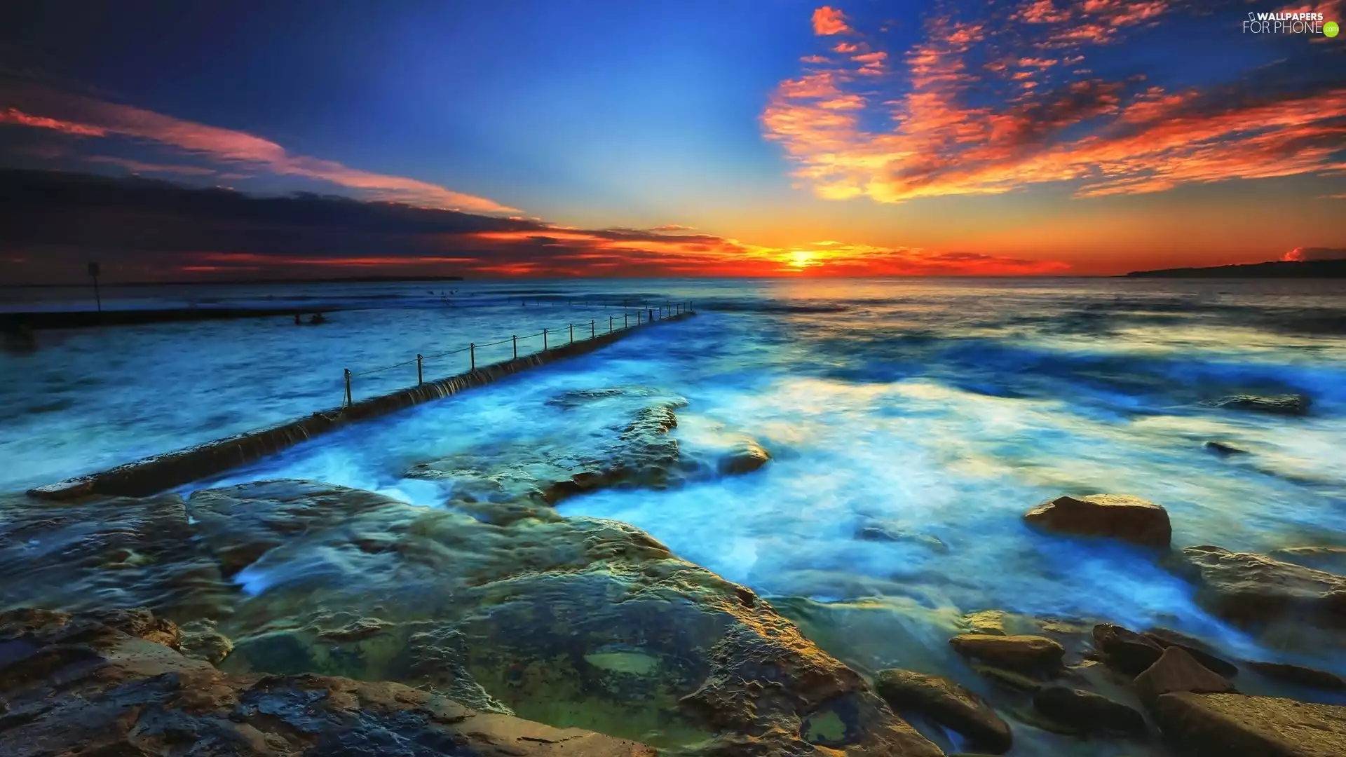 west, sea, Stones, sun