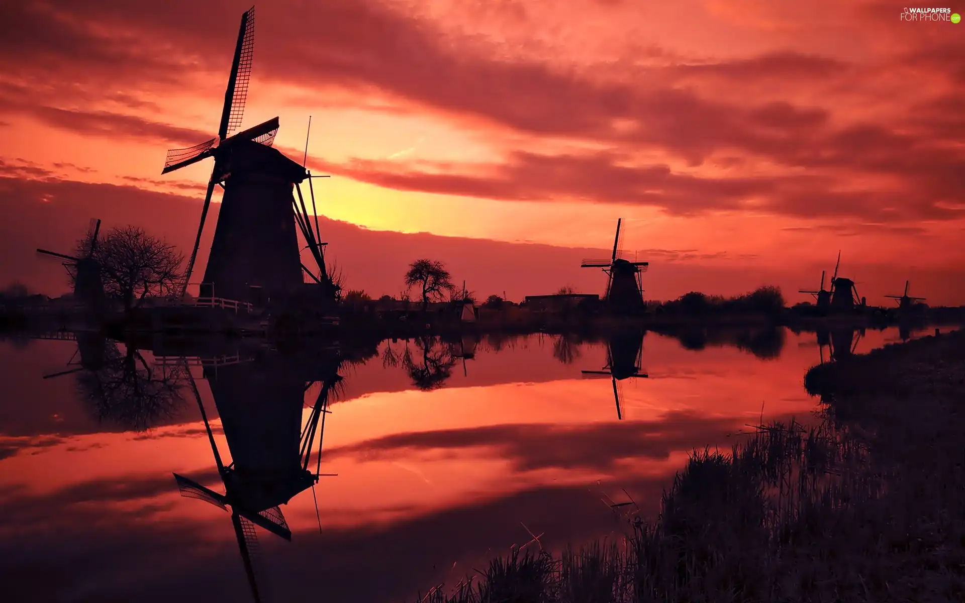 Windmills, west, sun, River