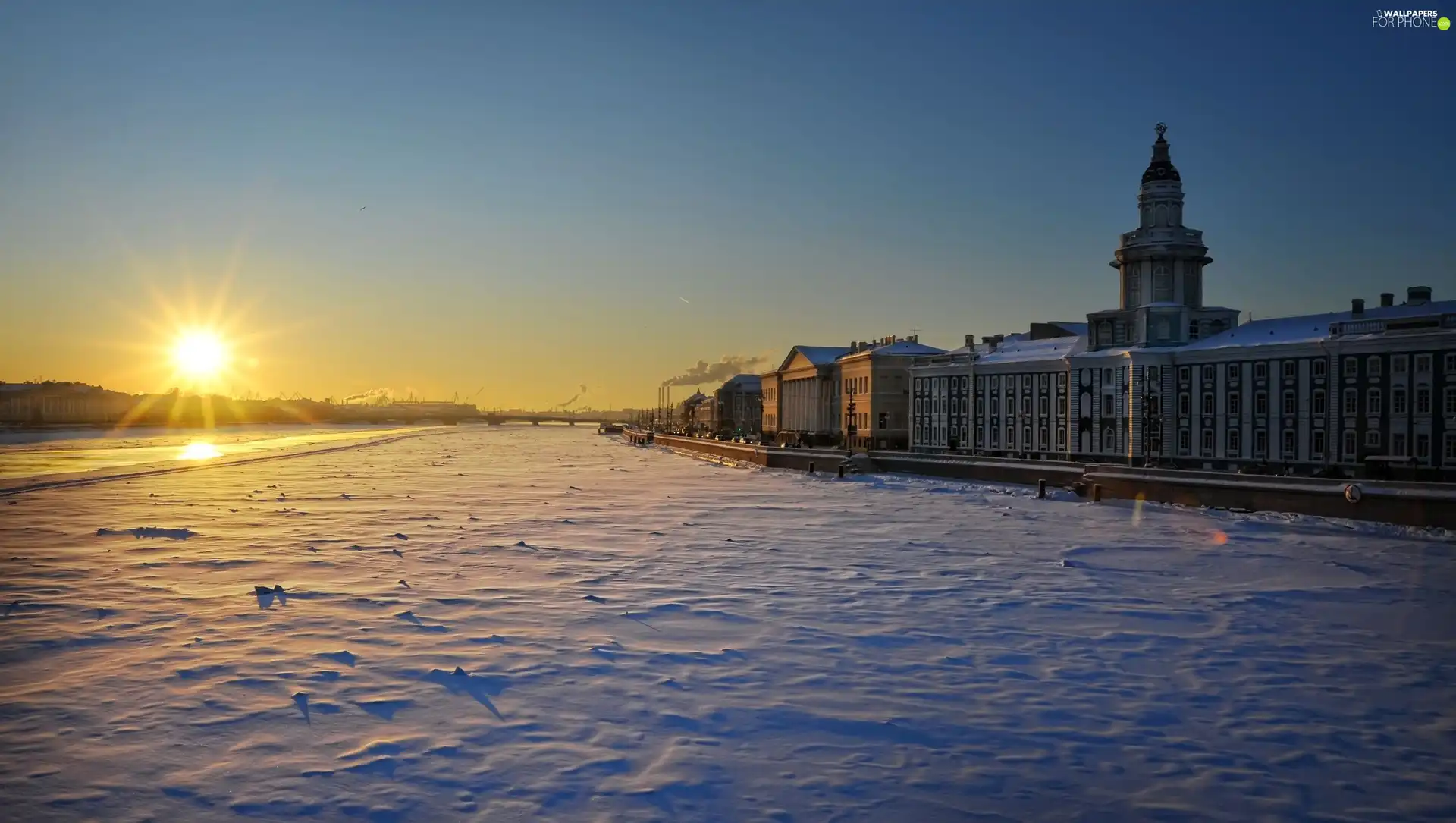 winter, Town, sun, snow