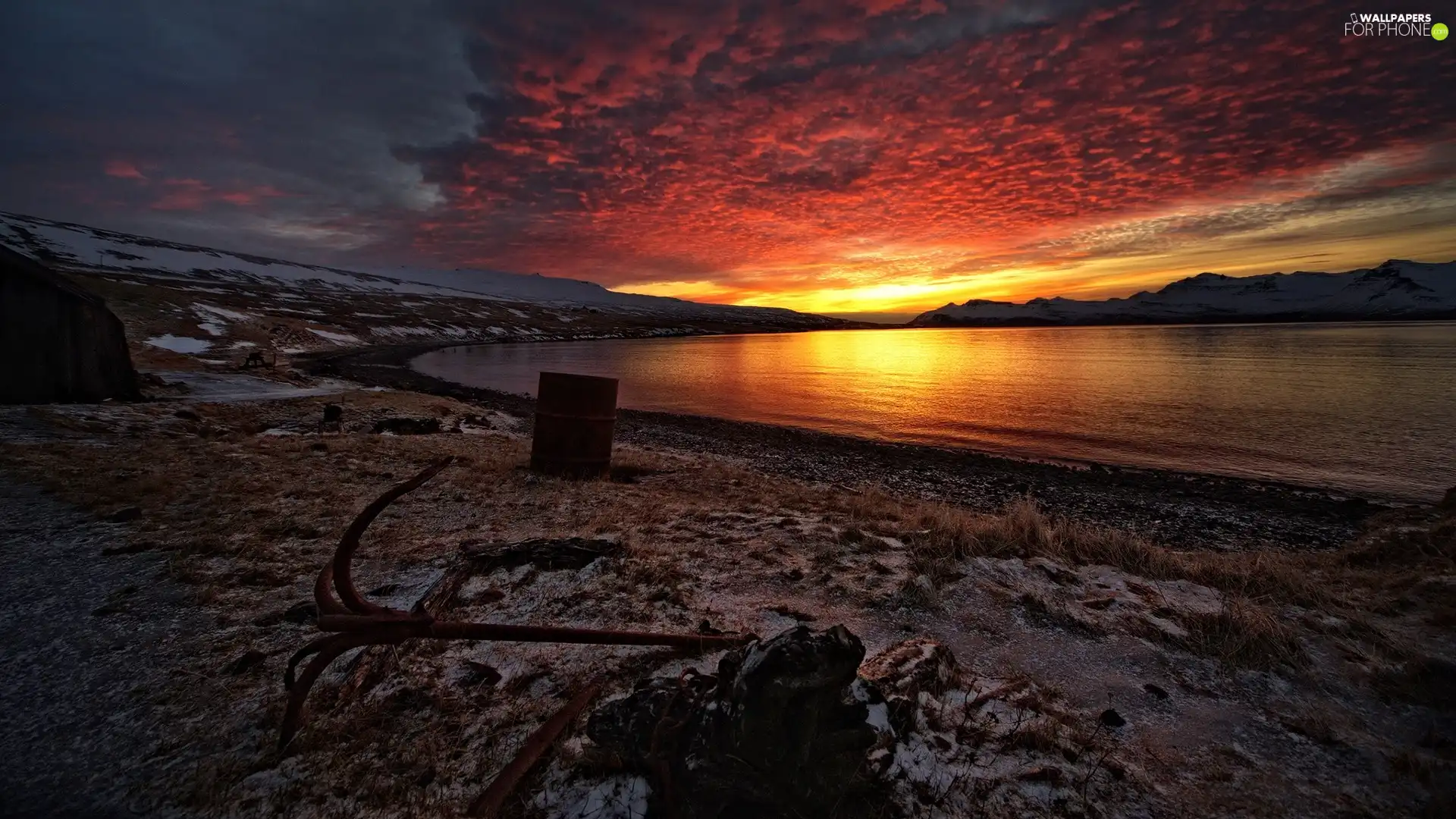 winter, west, sun, lake