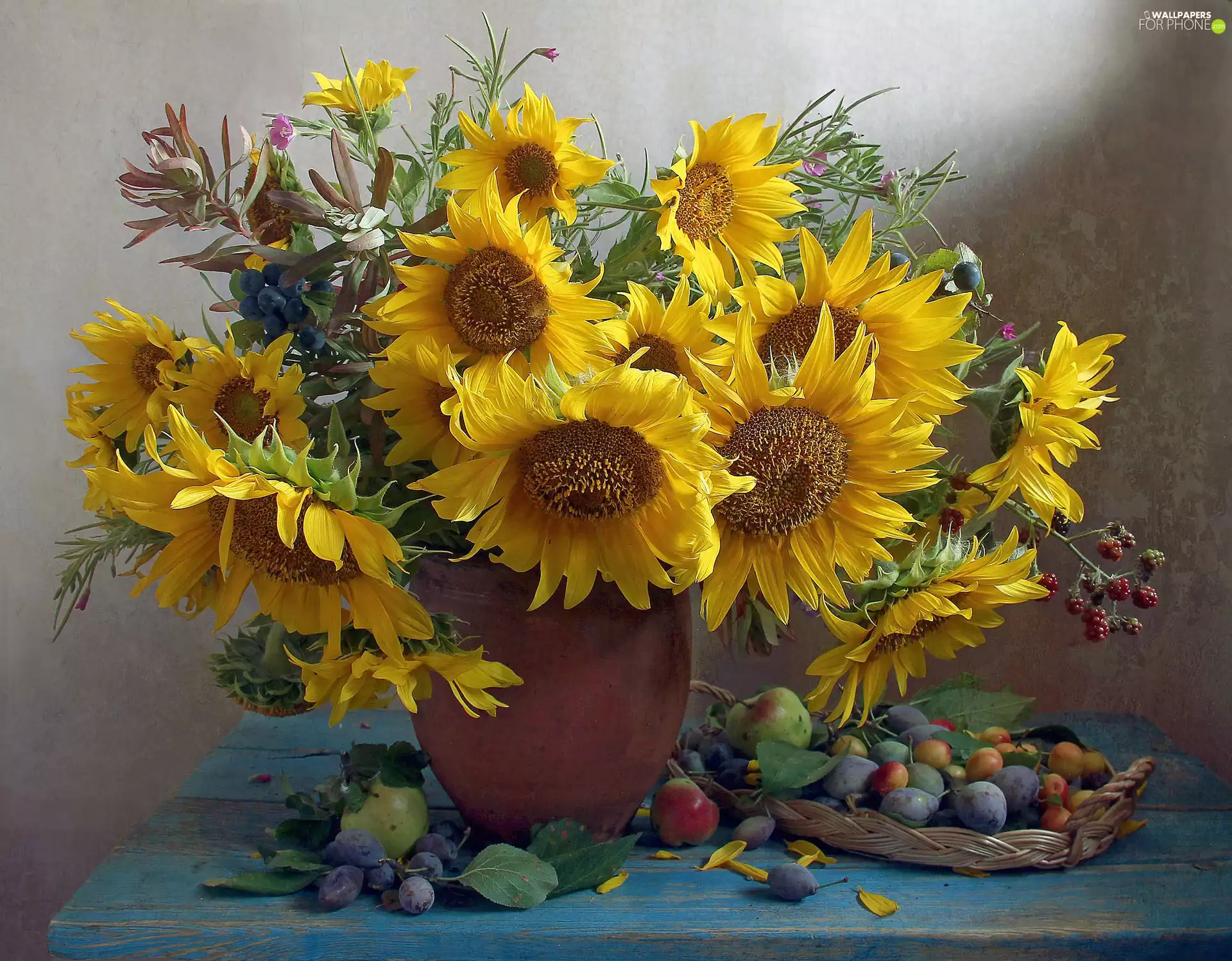 Fruits, basket, Nice sunflowers, Vase, Flowers