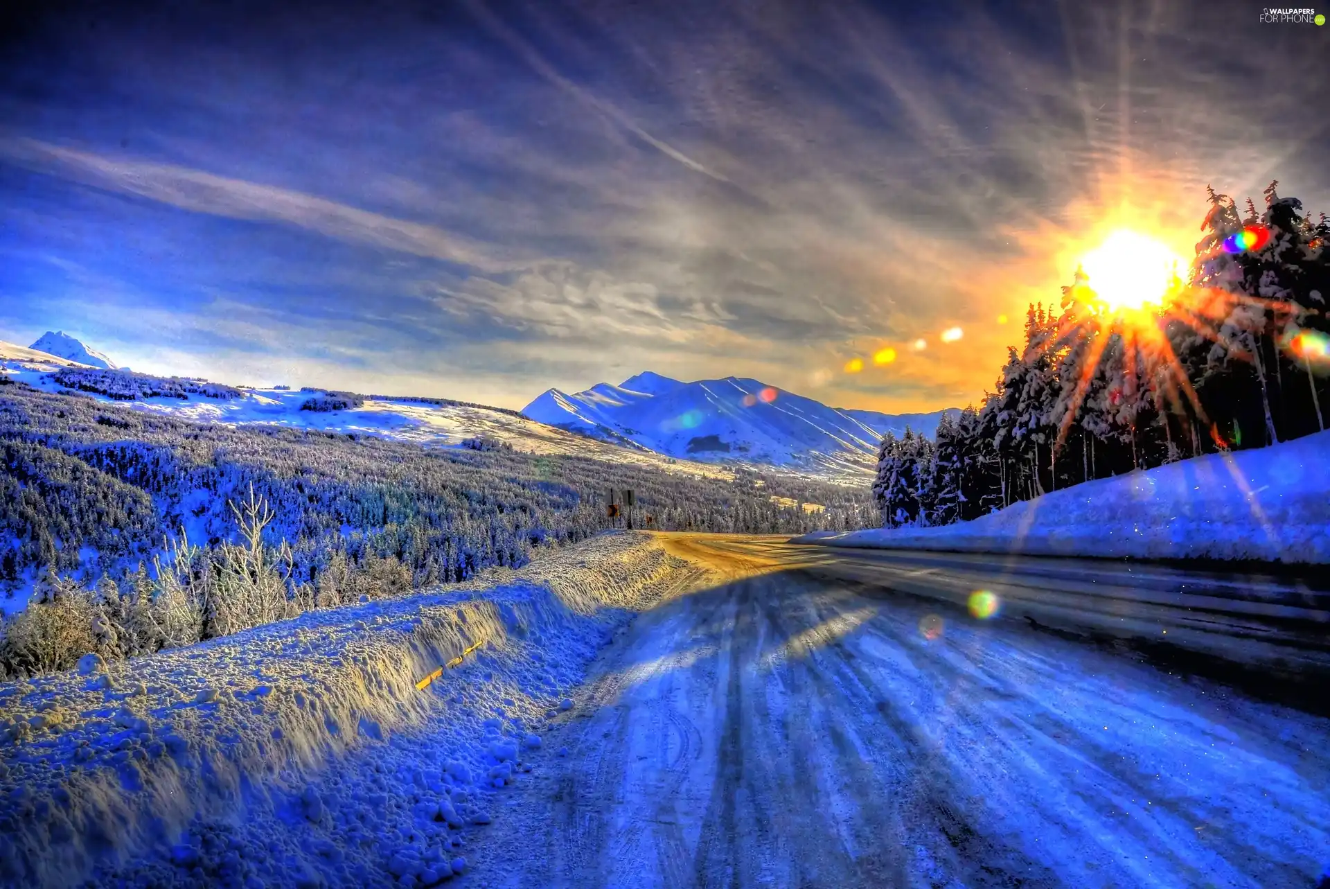 sunny, winter, forest, rays, Mountains