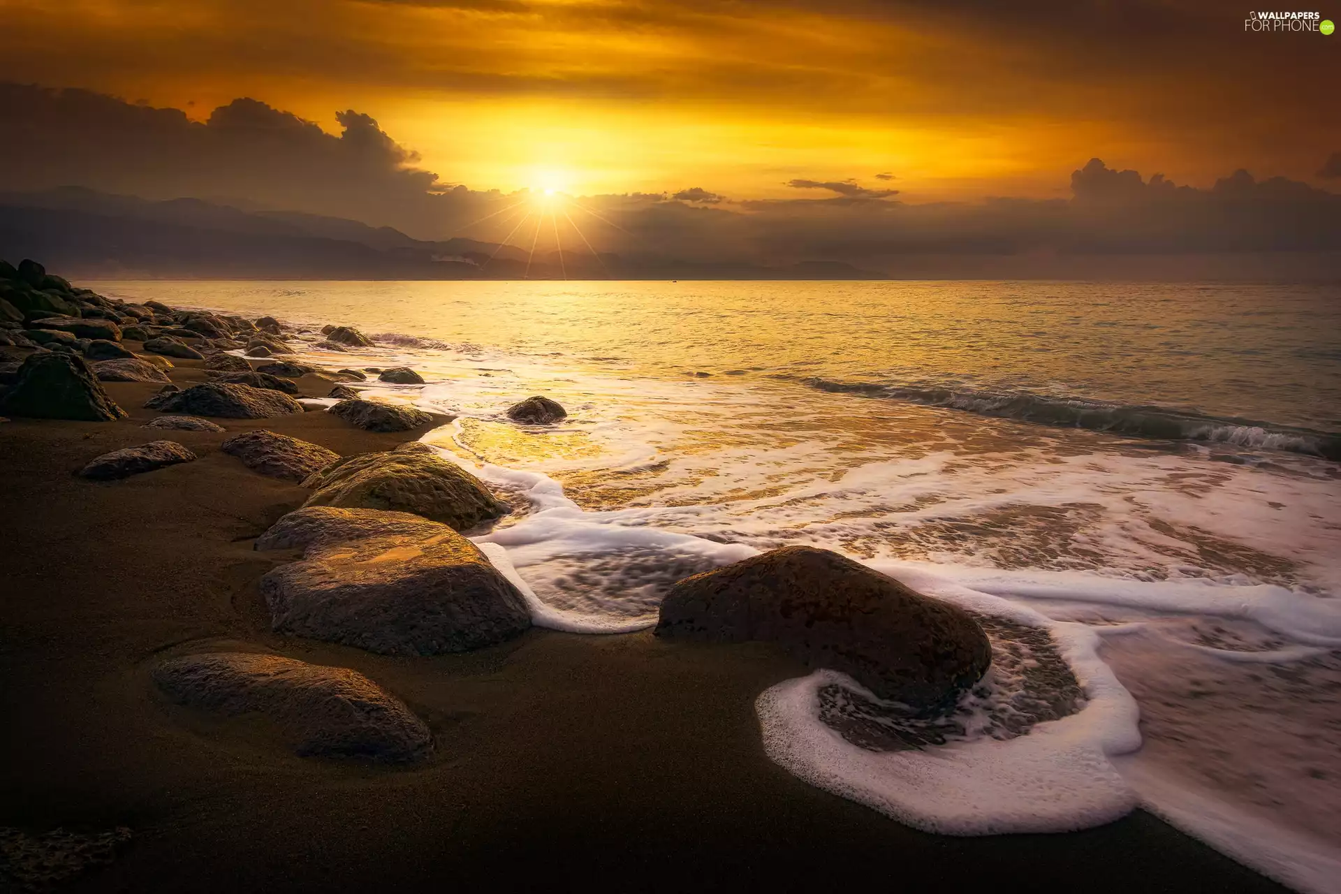 Waves, Sunrise, Beaches, Stones, sea