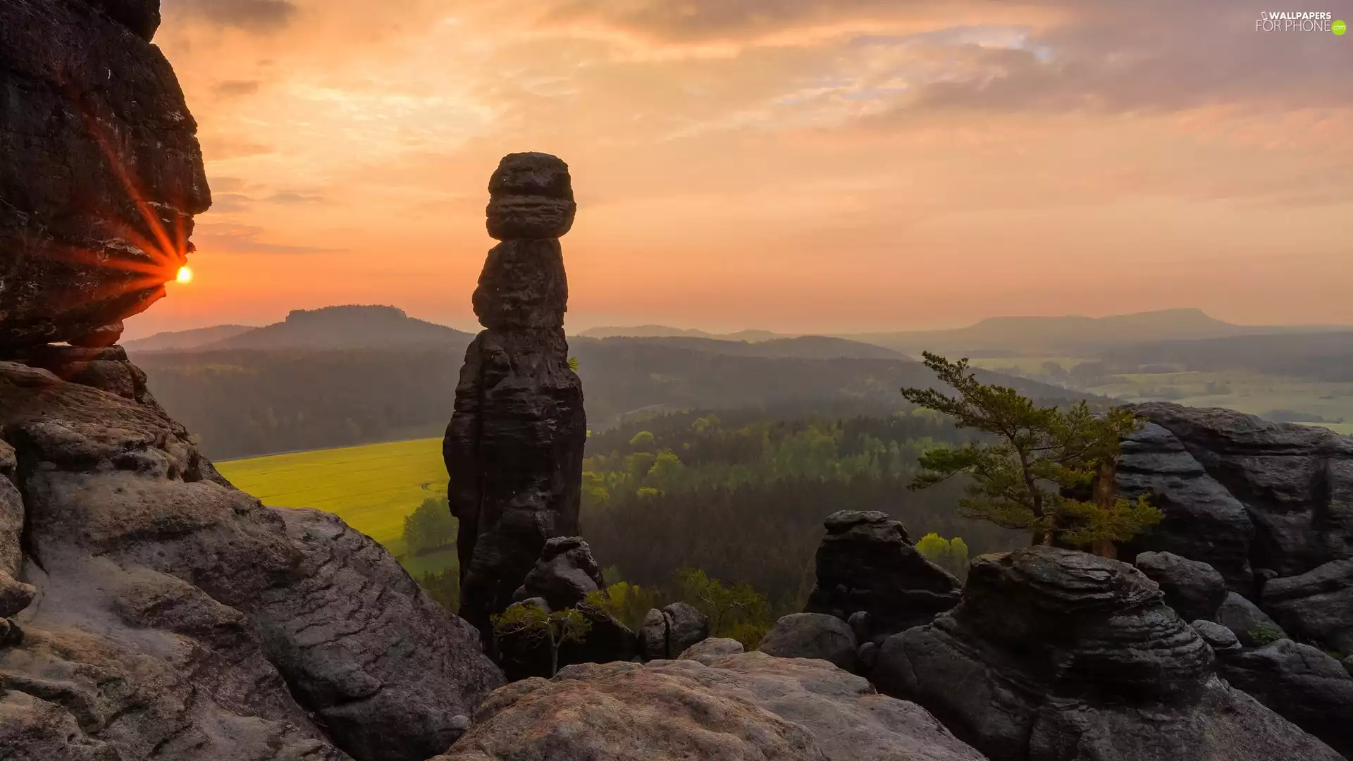 unit, trees, Germany, viewes, Saxon Switzerland National Park, rocks, Sunrise, Děčínská vrchovina