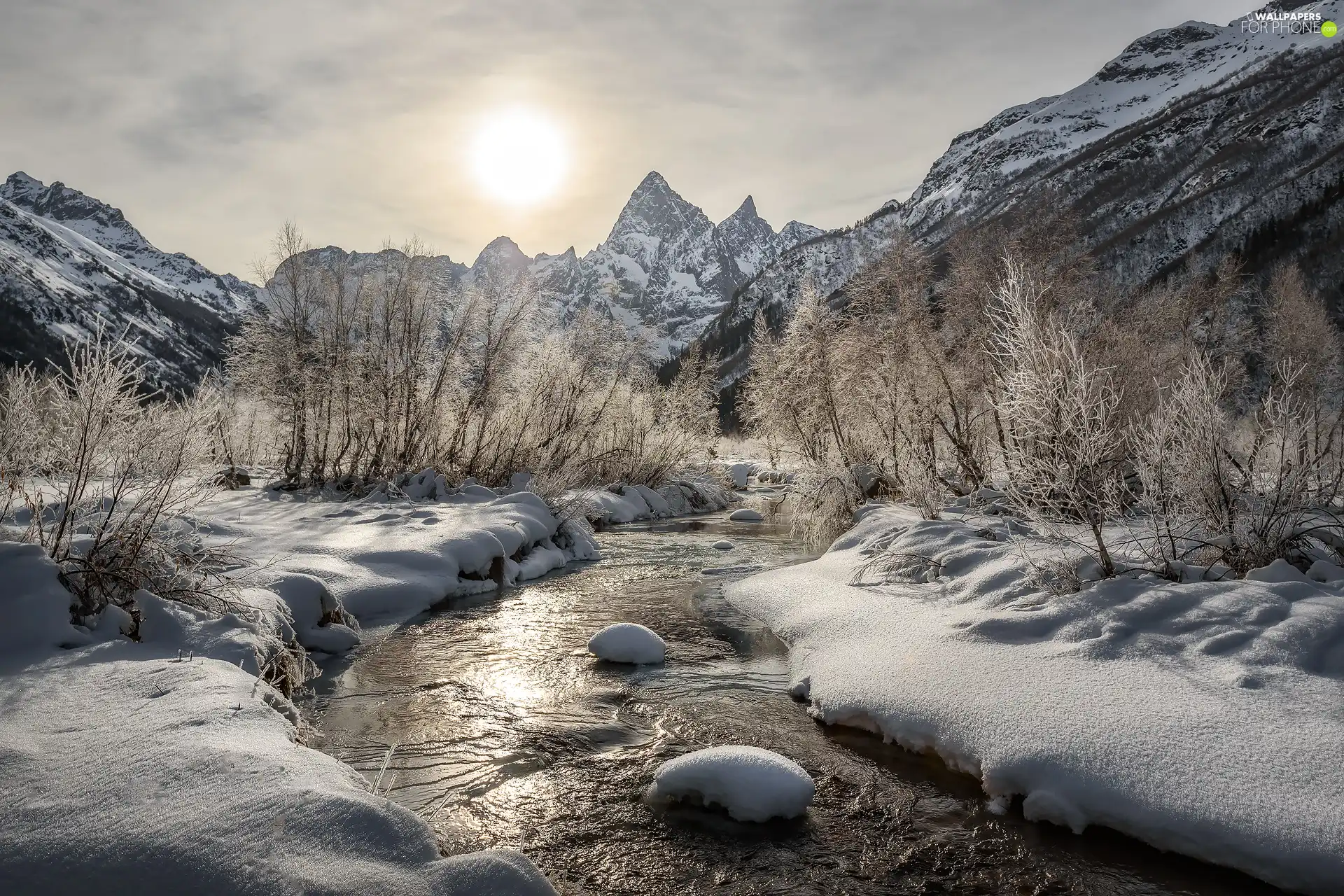 Bush, Sunrise, Mountains, winter, River