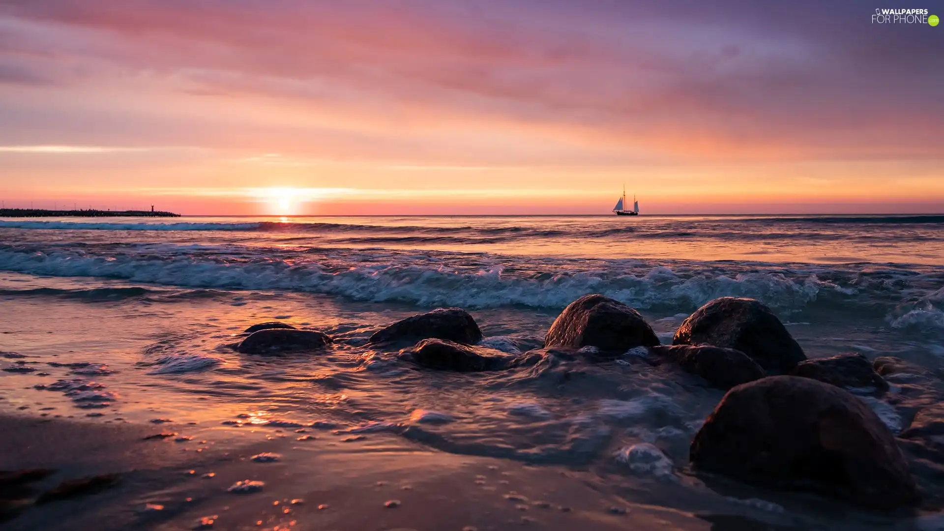 sea, Stones, Yacht, Sunrise