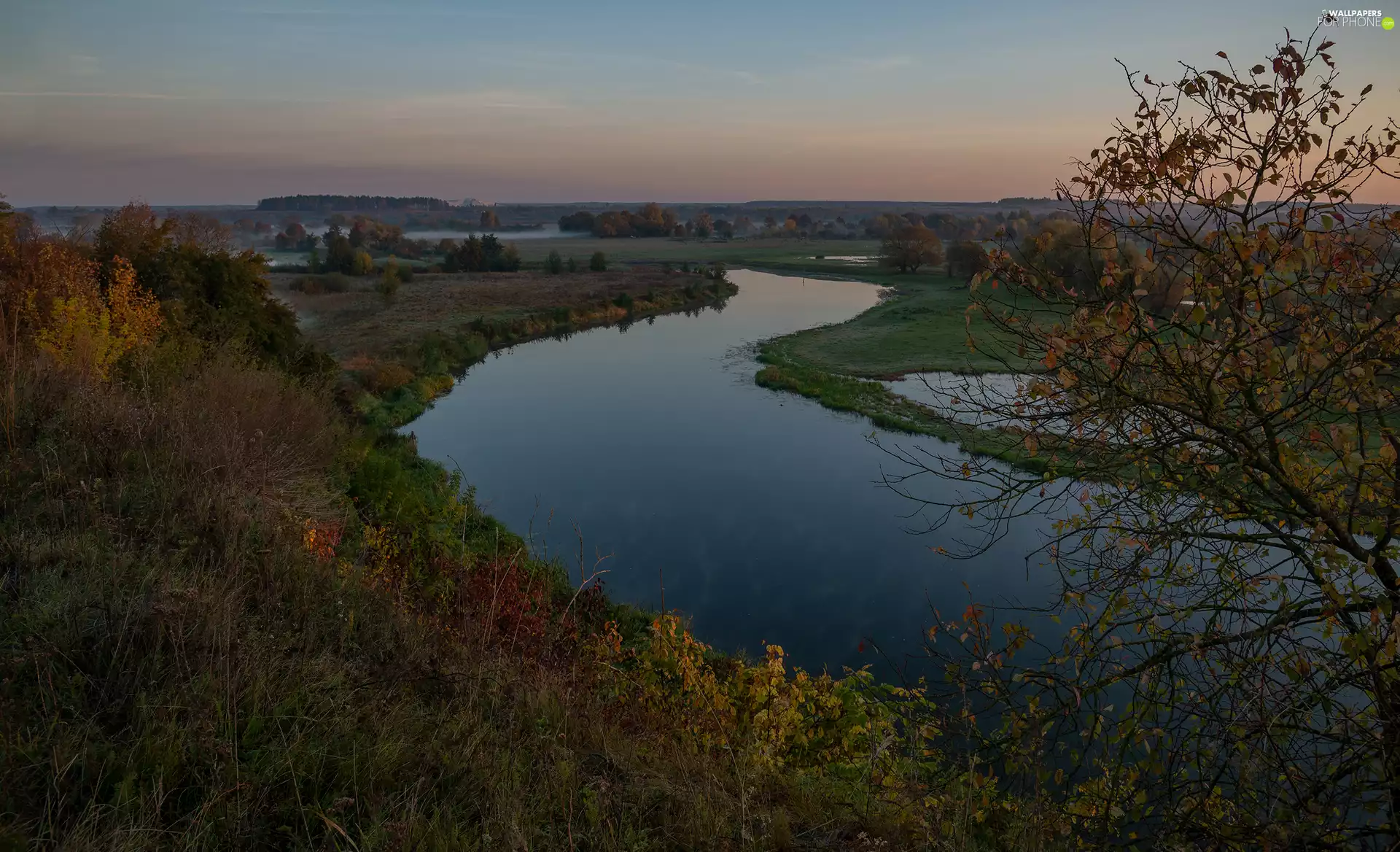 field, River, viewes, Sunrise, trees, The Hills