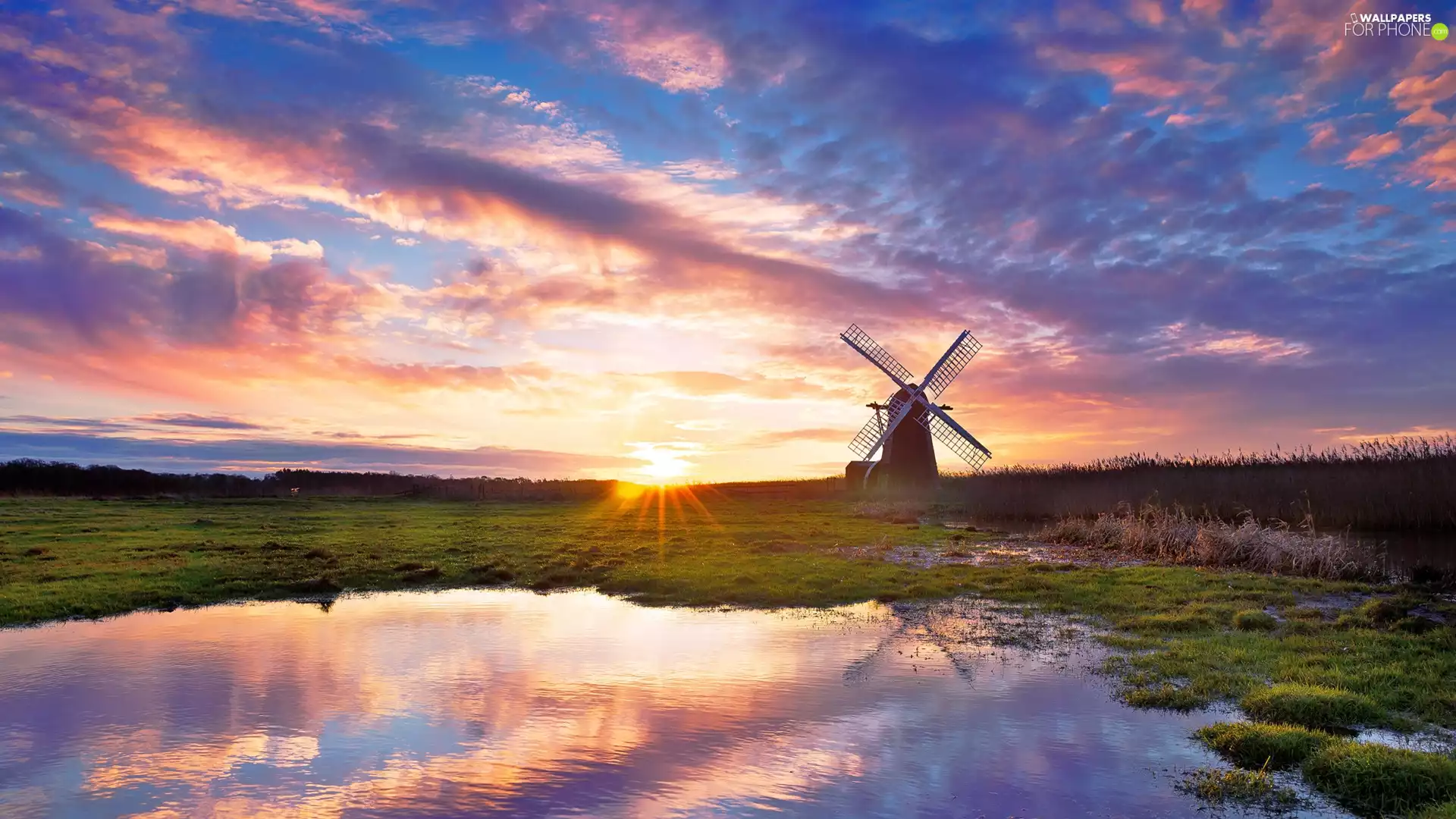 Windmill, clouds, puddle, Sunrise