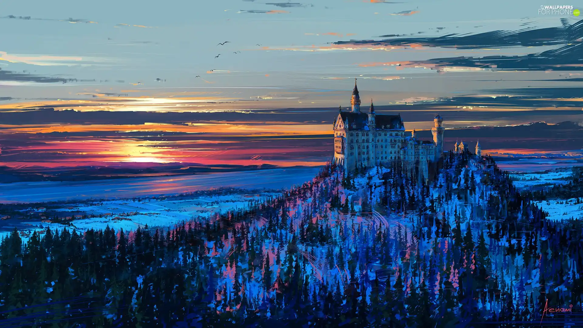 winter, Germany, Great Sunsets, Paintography, Mountains, Neuschwanstein Castle