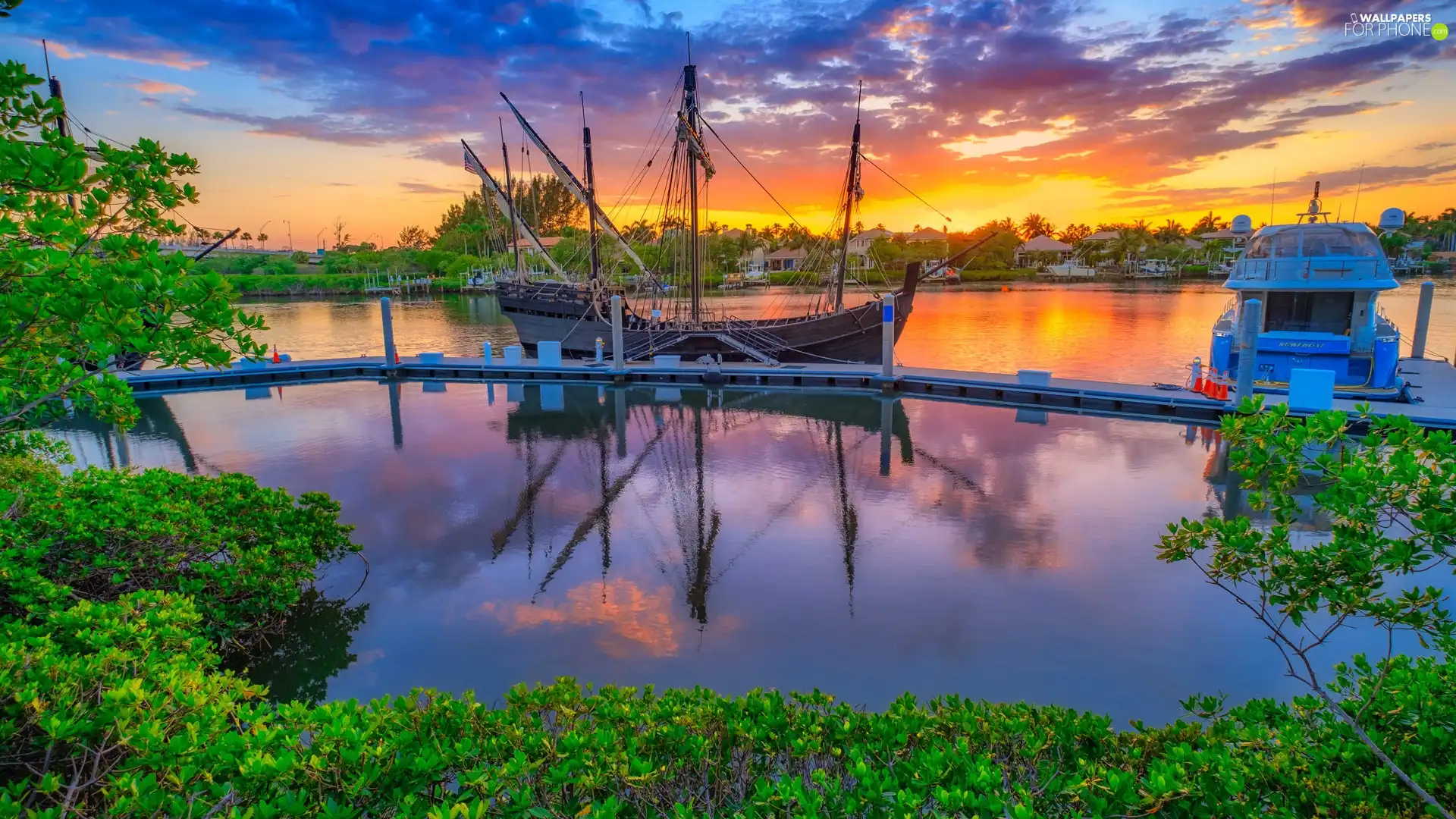 trees, Harbour, Great Sunsets, clouds, viewes, Yacht