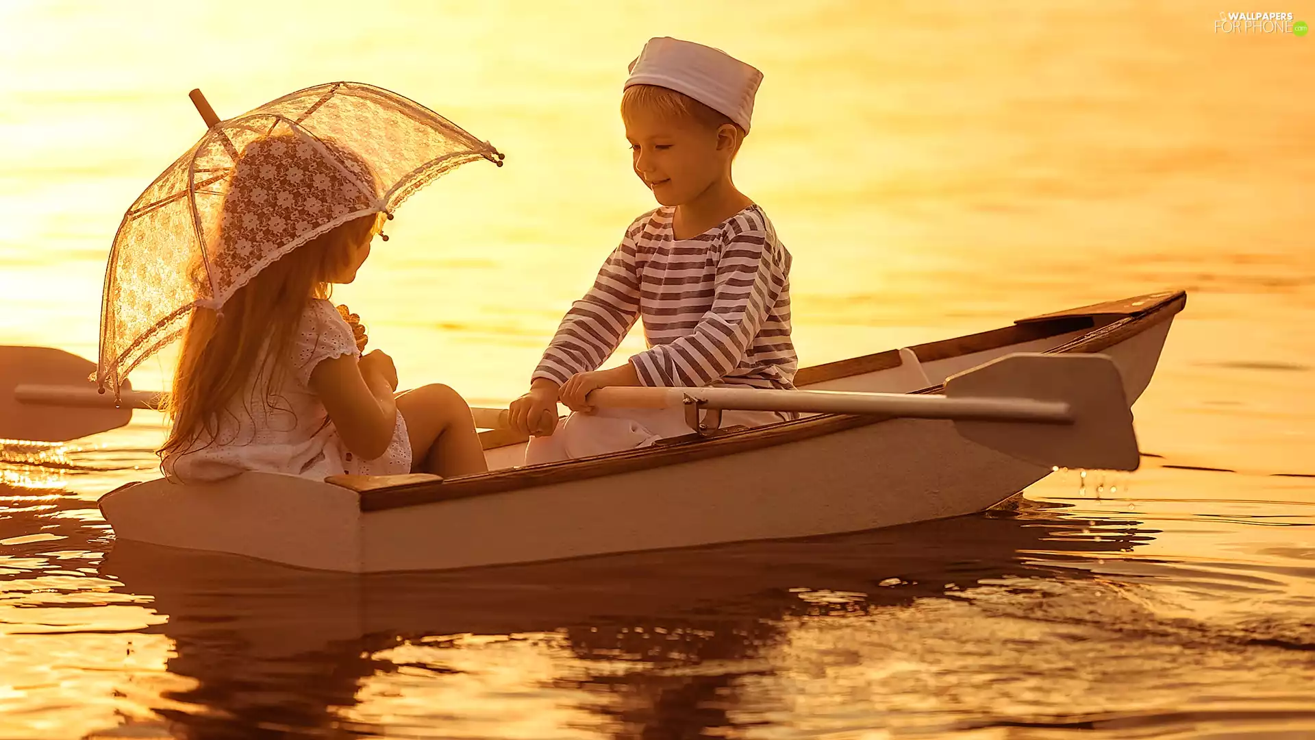 River, two, Great Sunsets, umbrella, Boat, Kids