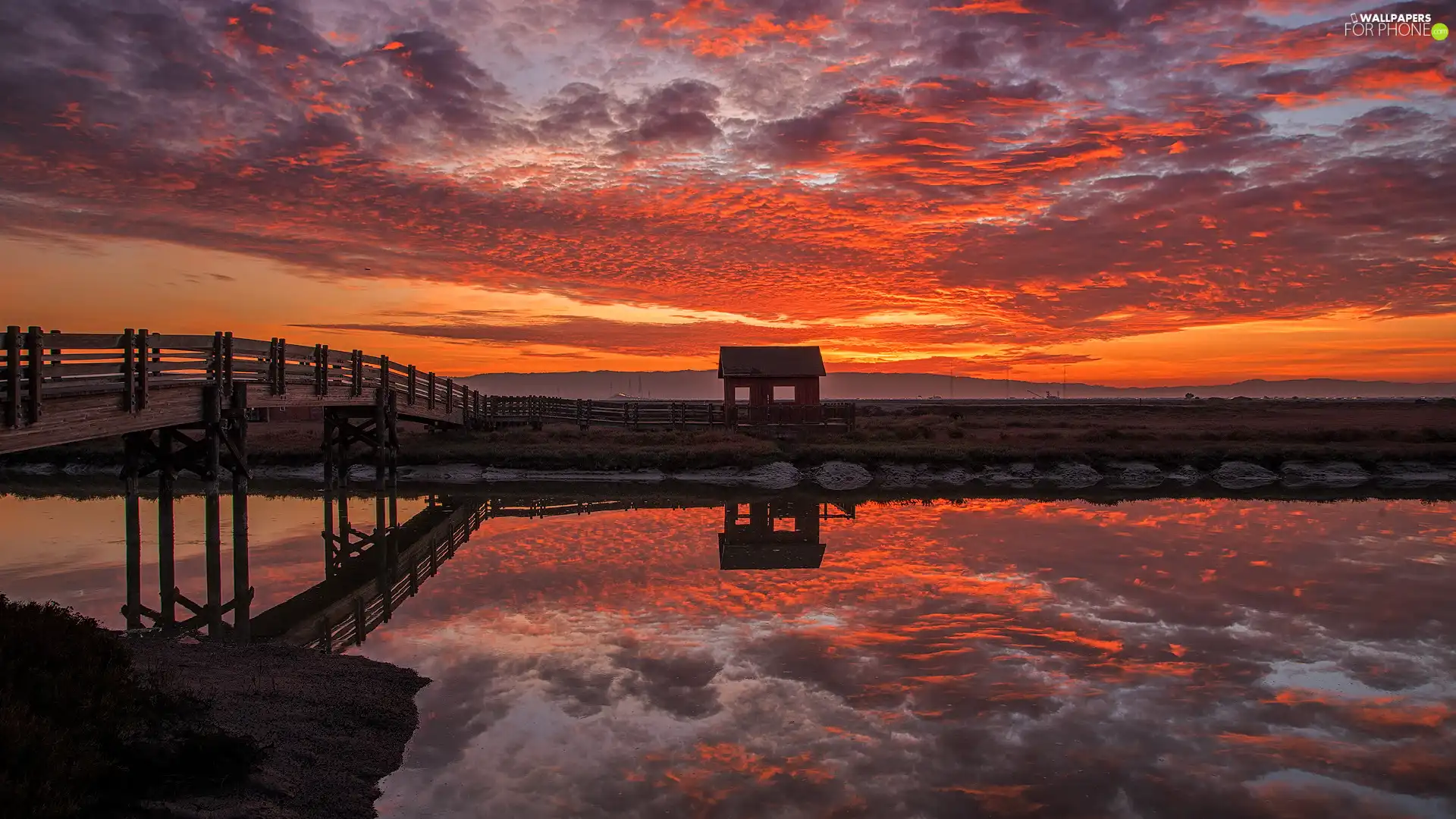 bridges, clouds, California, Pond - car, Great Sunsets, Newark, The United States