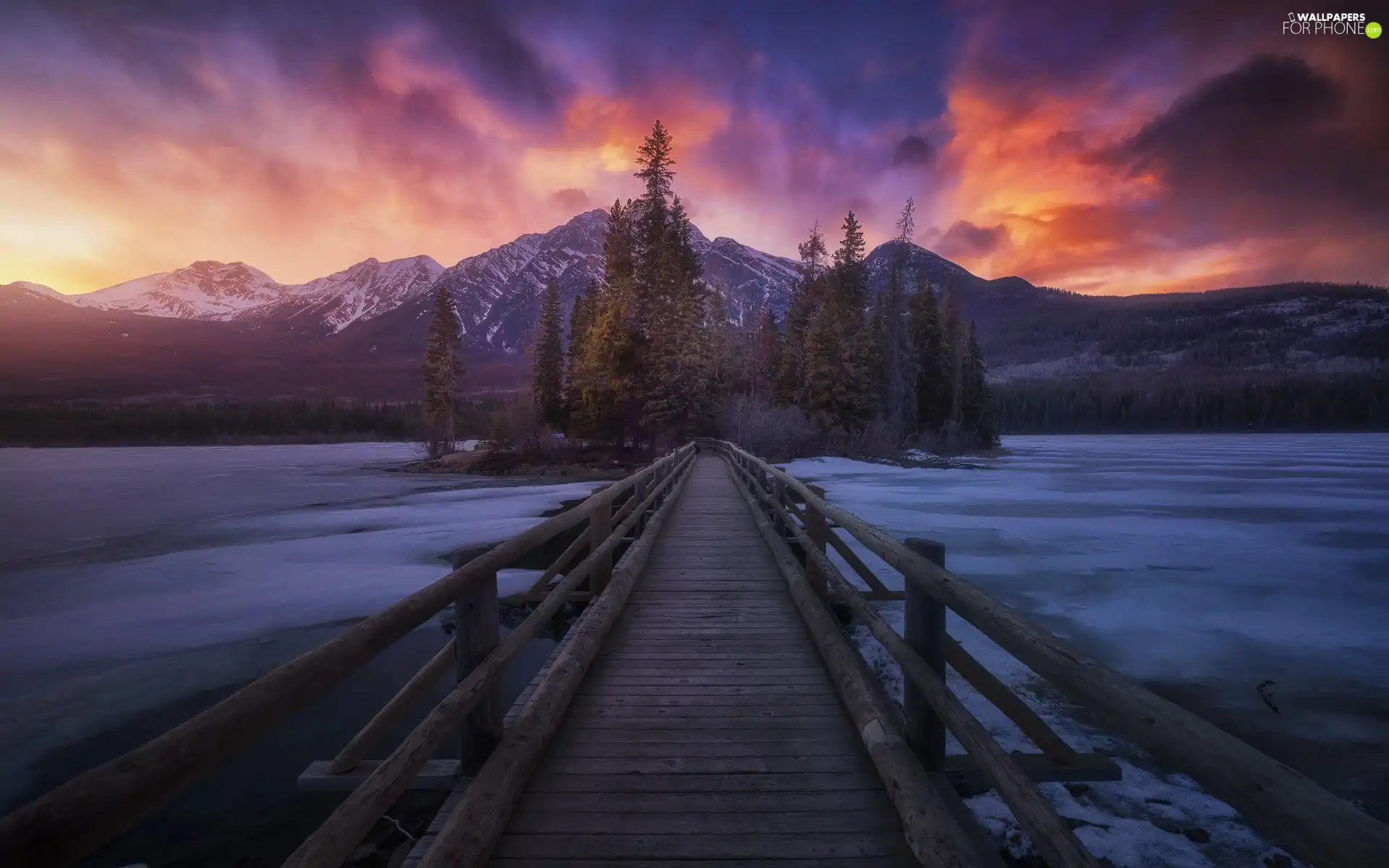 bridge, Jasper National Park, Pyramid Lake, viewes, Great Sunsets, Canada, Mountains, winter, trees, clouds