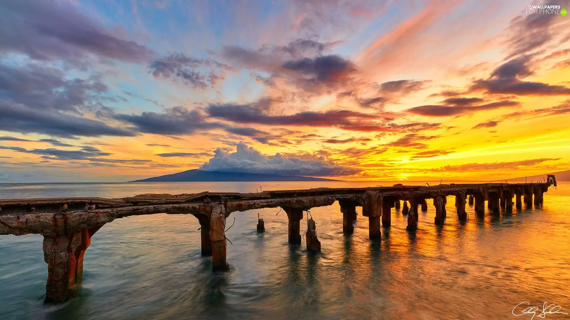 damaged, Platform, Great Sunsets, clouds, sea