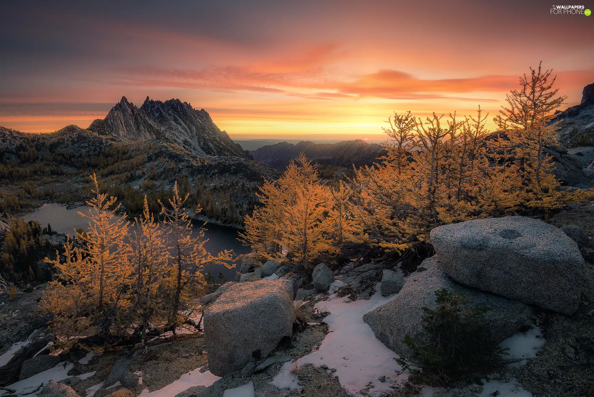 Stones, lake, viewes, rocks, Mountains, trees, Great Sunsets