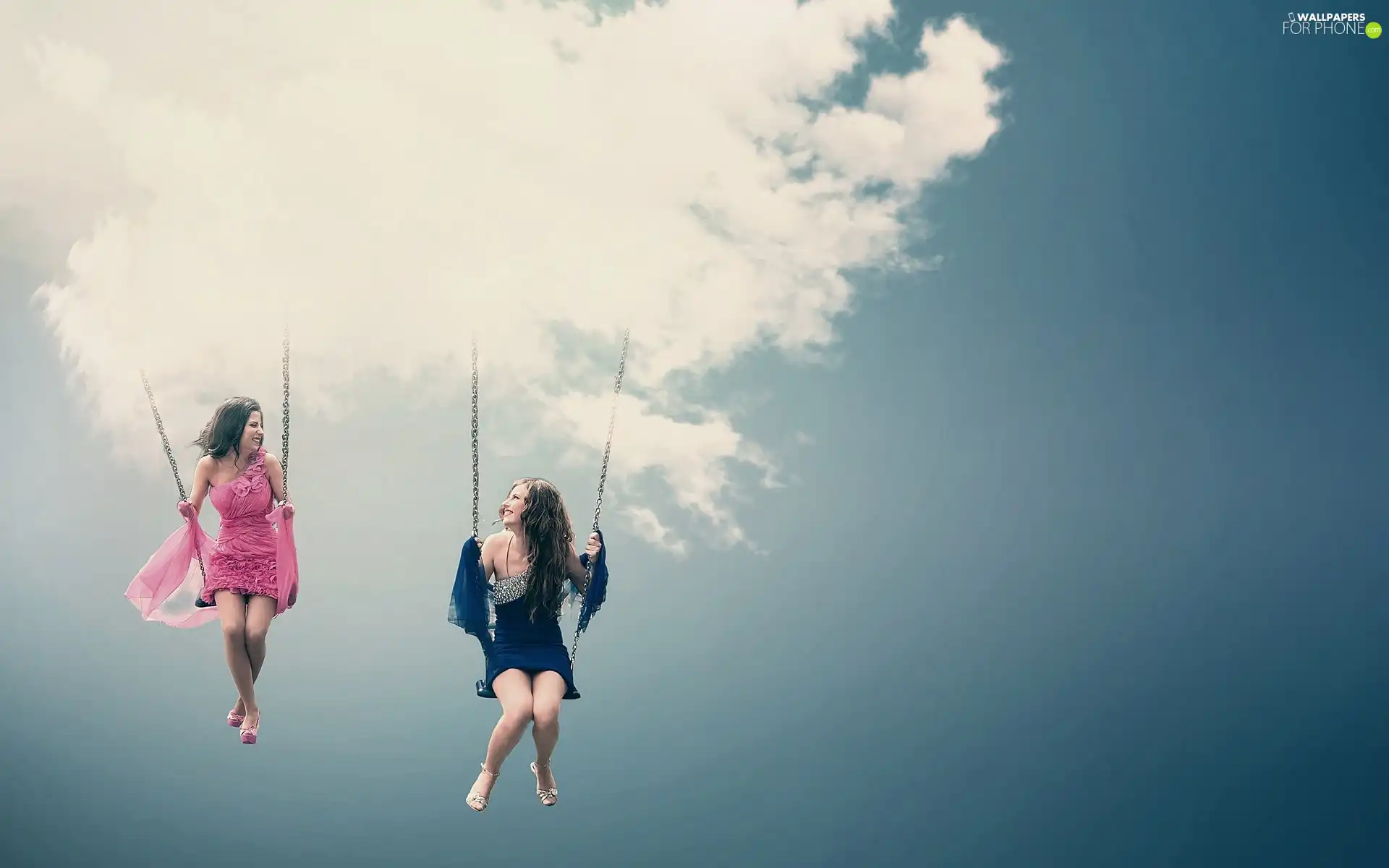 Sky, Girls, Swing, clouds