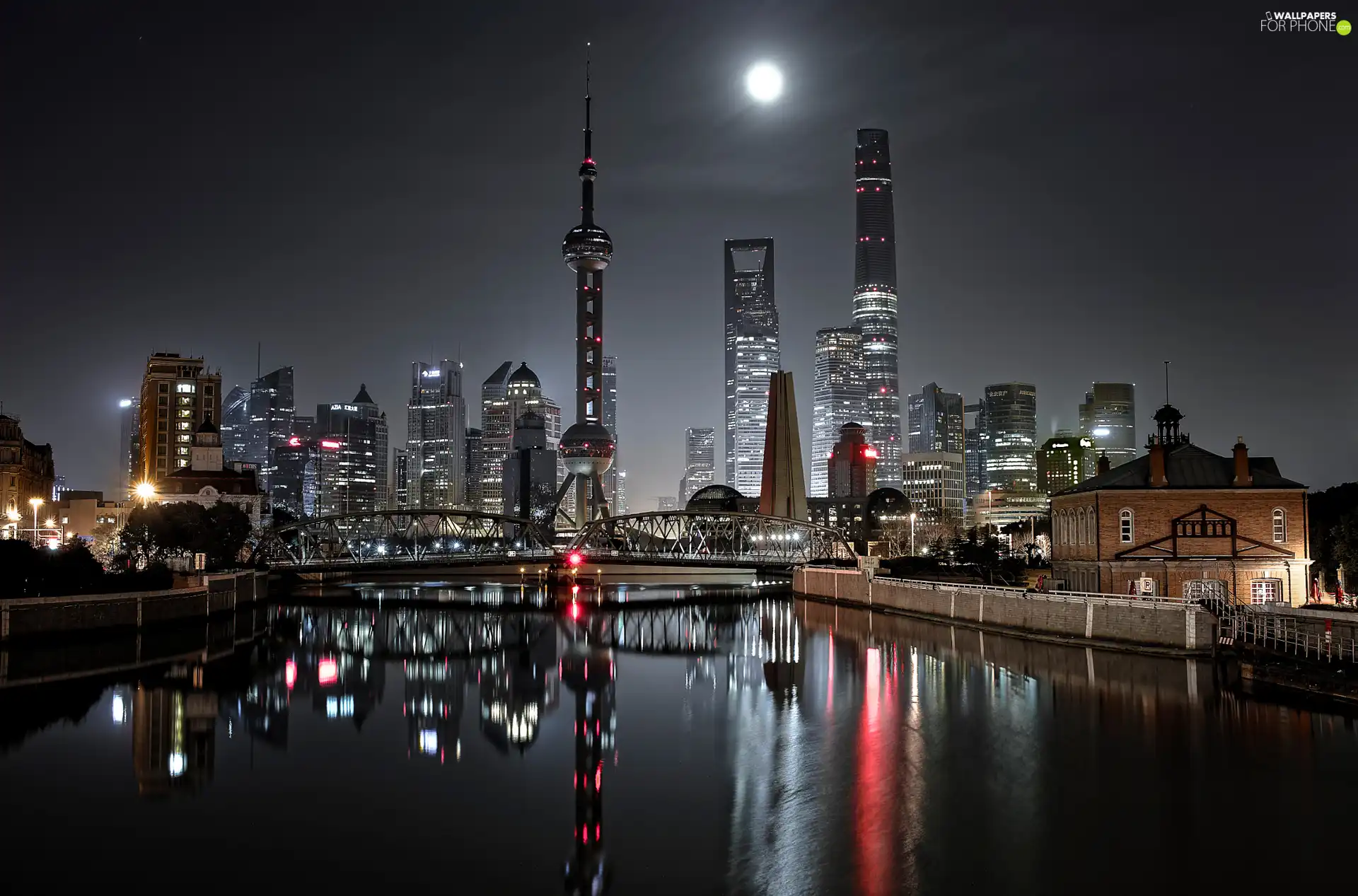 Szanghaj, China, Night, skyscraper, bridge