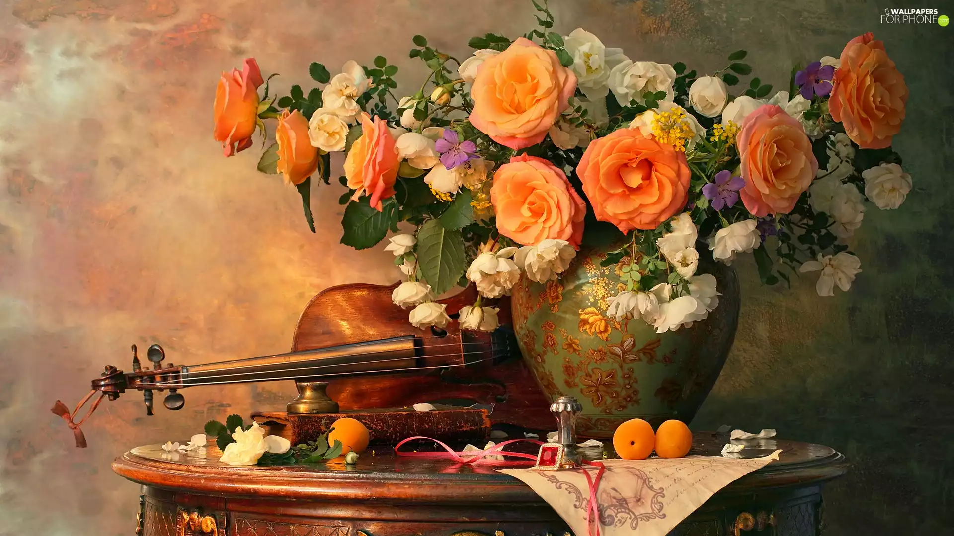 Vase, composition, apricots, table, violin, roses