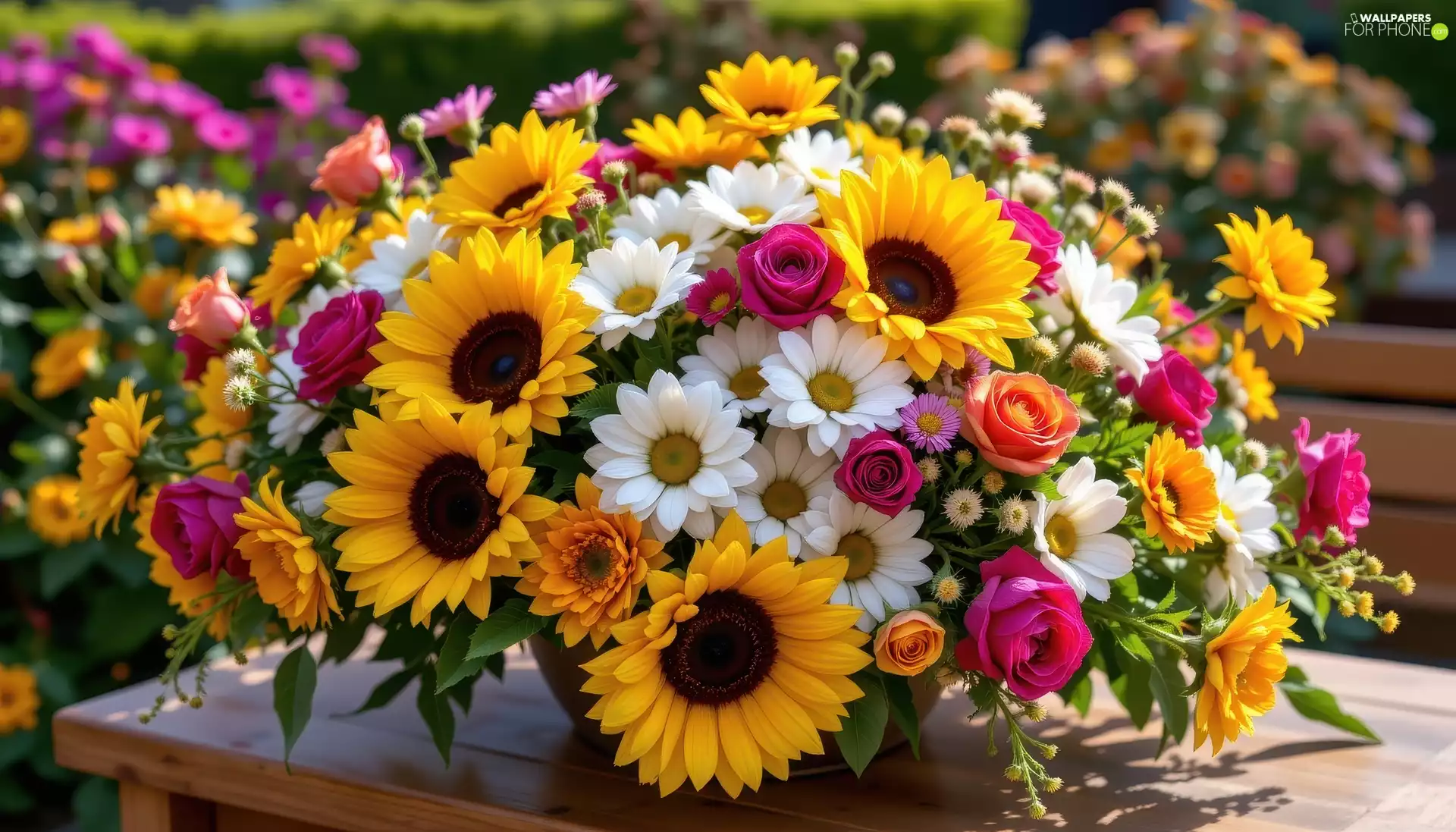 daisies, Nice sunflowers, Vase, roses, Flowers, bouquet, Table