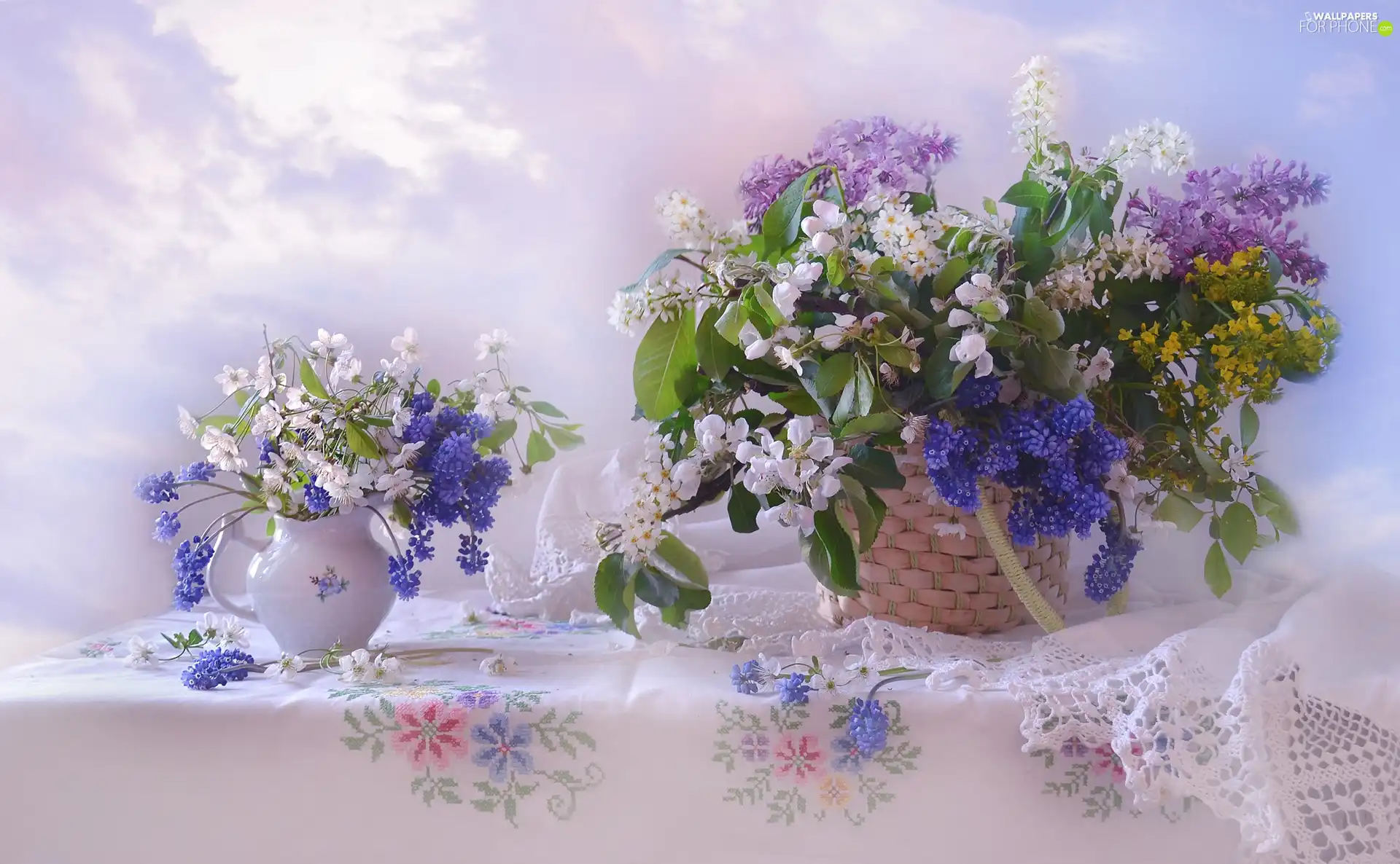 jug, Bouquets, Embroidered, flowers, Two cars, basket, tablecloth