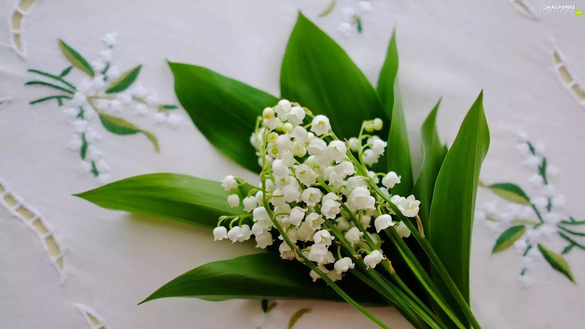 Embroidered, tablecloth, lilies, Leaf, Flowers