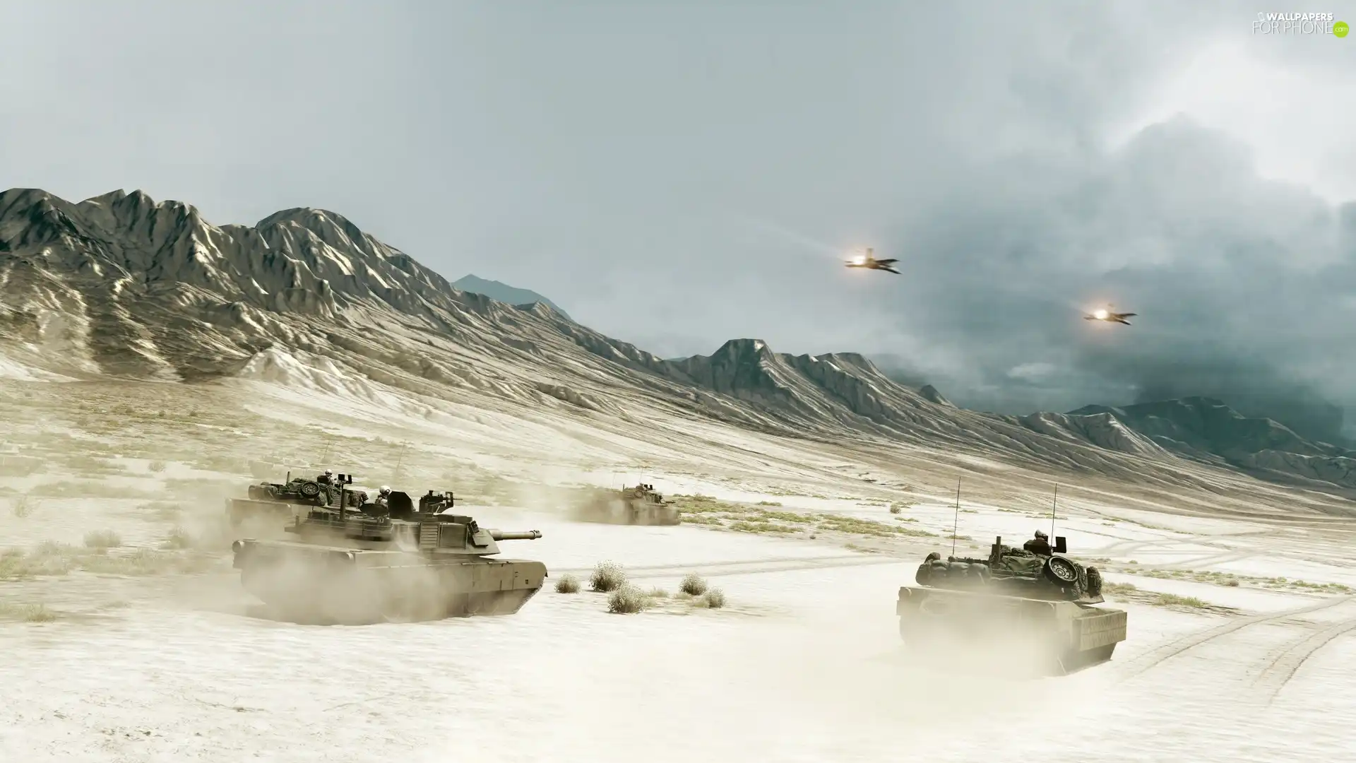 Mountains, Planes, tanks, Desert