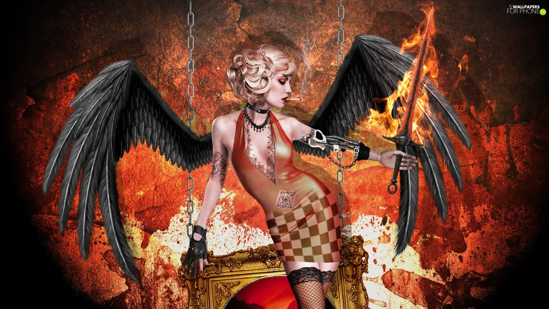Tattoo, Women, wings, sword, Cigarette, make-up