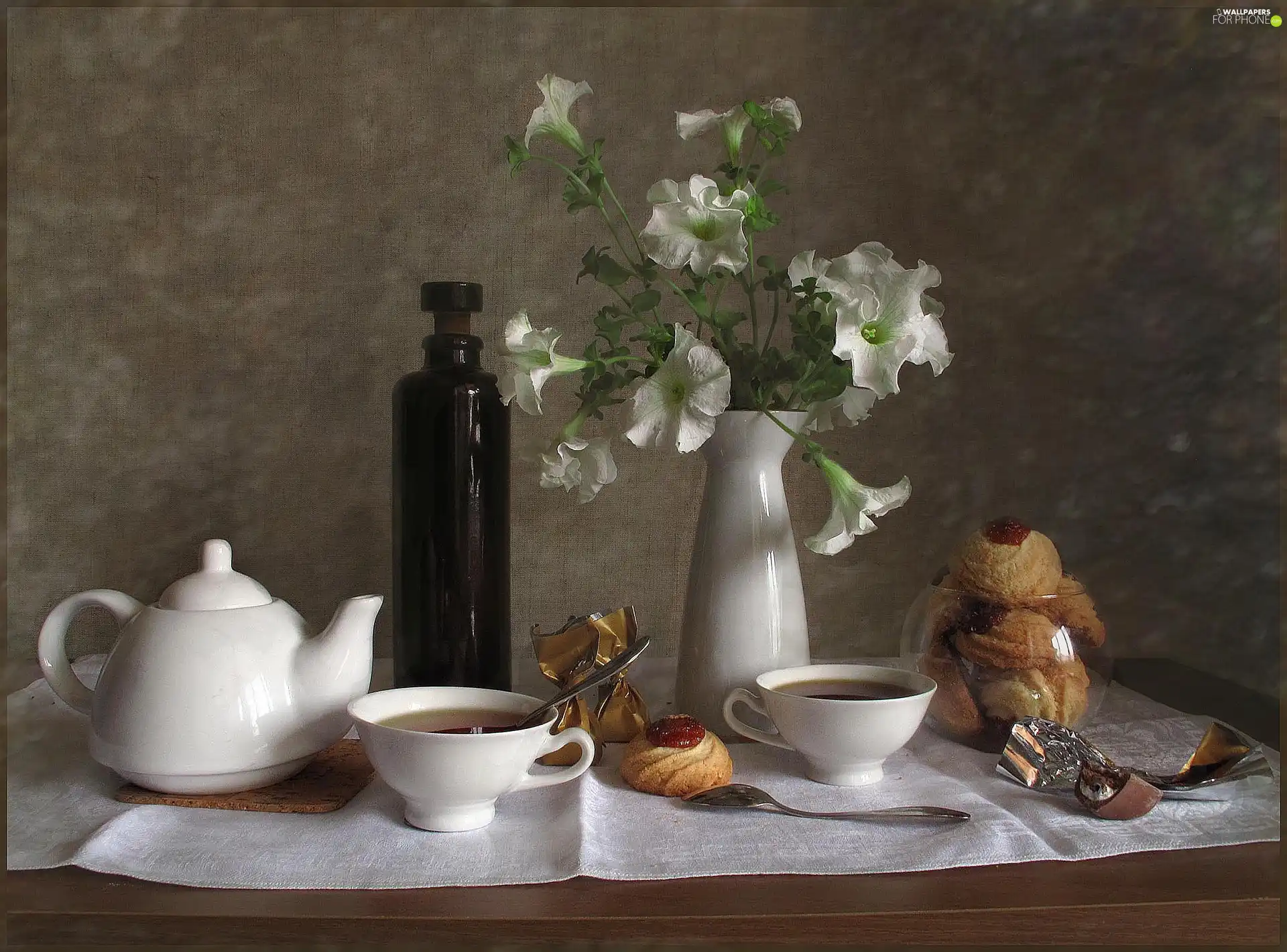 White, Cookies, tea, Flowers