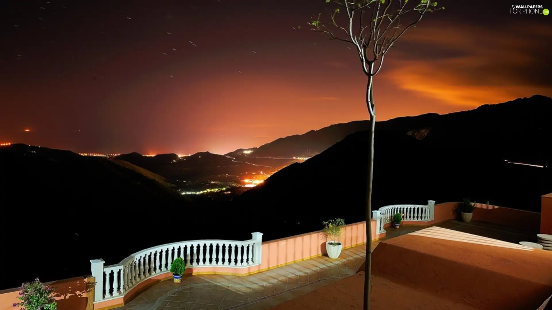 Mountains, night, terrace, Town