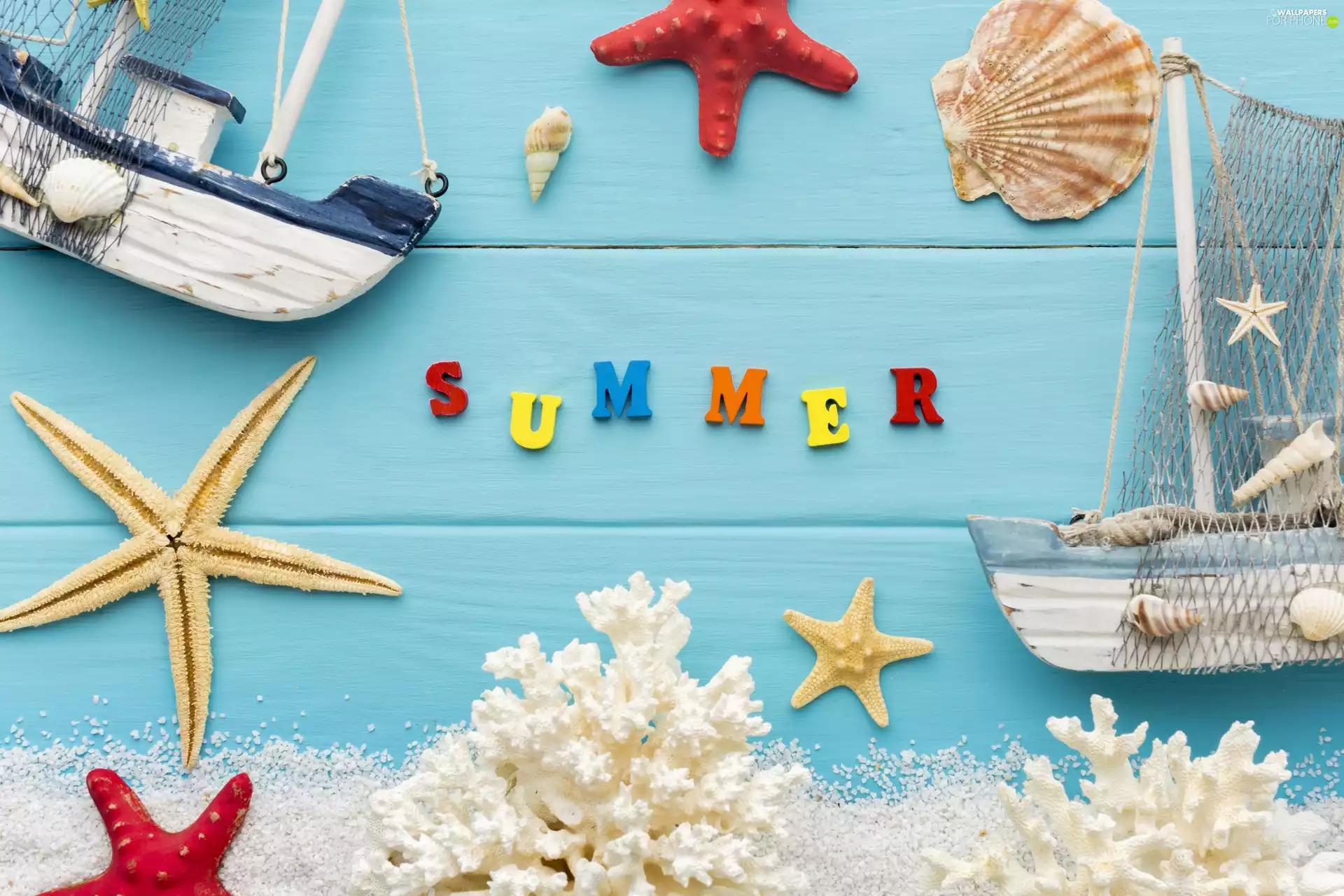 Corals, Shells, composition, vessels, summer, starfish, Sand, text