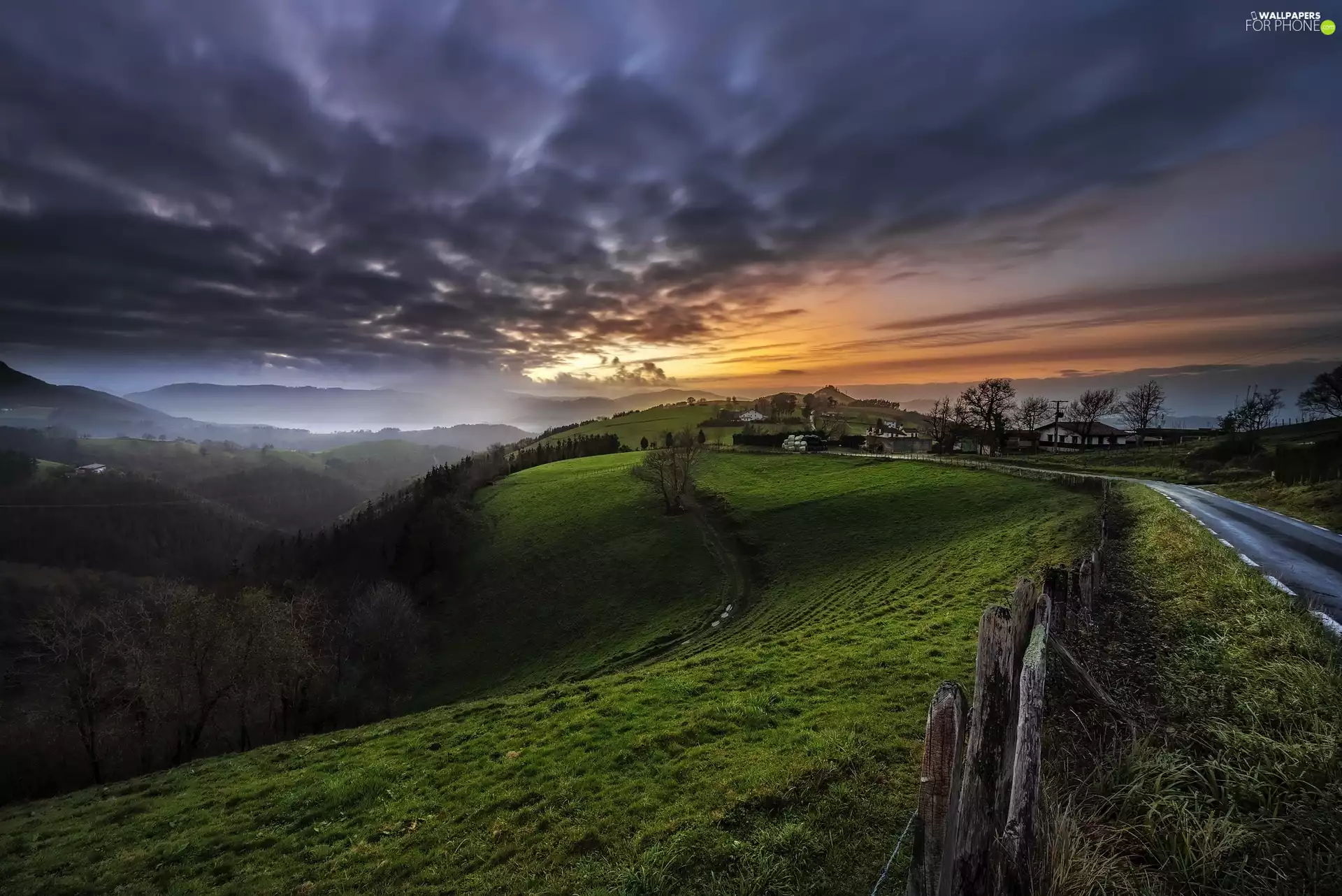 The Hills, clouds, country, Clouds, Houses, fence, Way, Sky