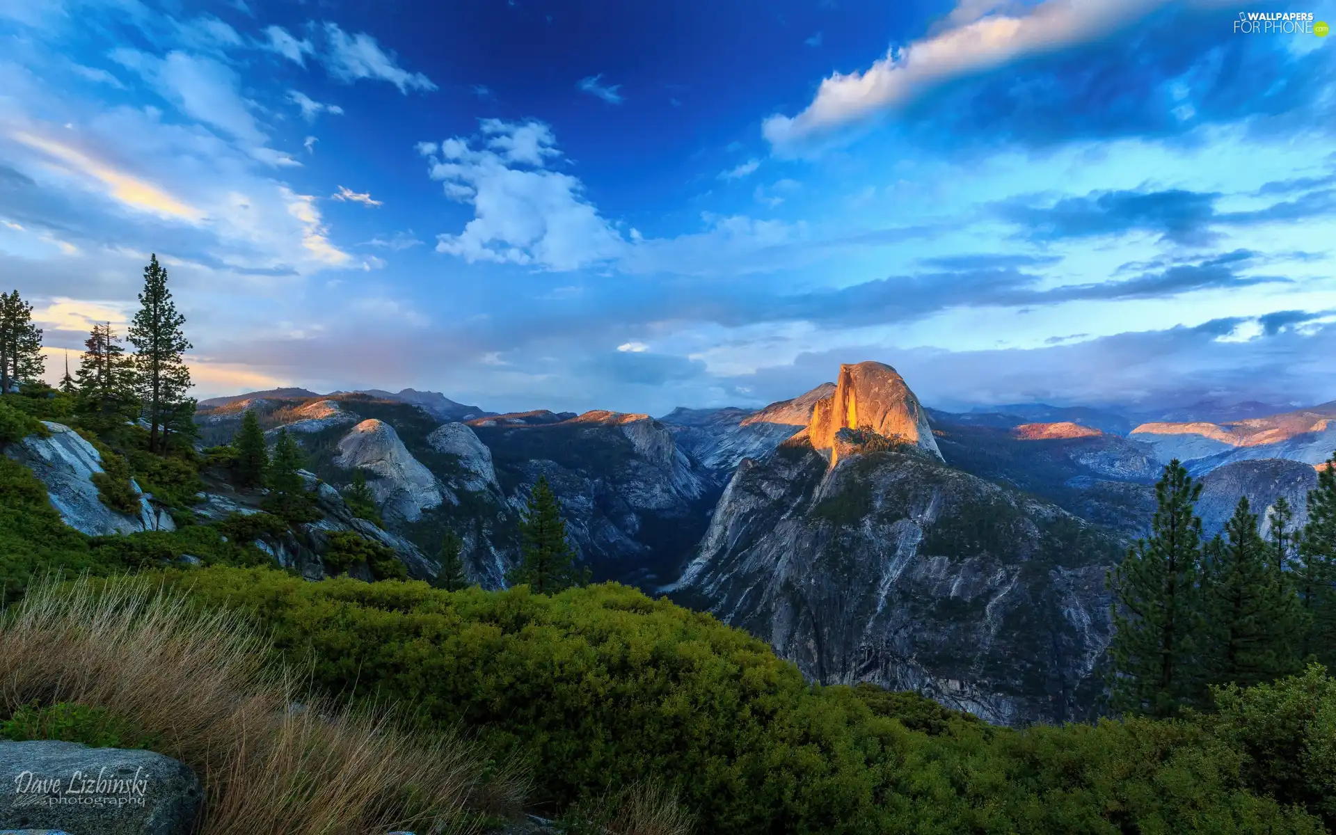 Half Dome, illuminated, California, mountains, Mountains, Yosemite National Park, The United States