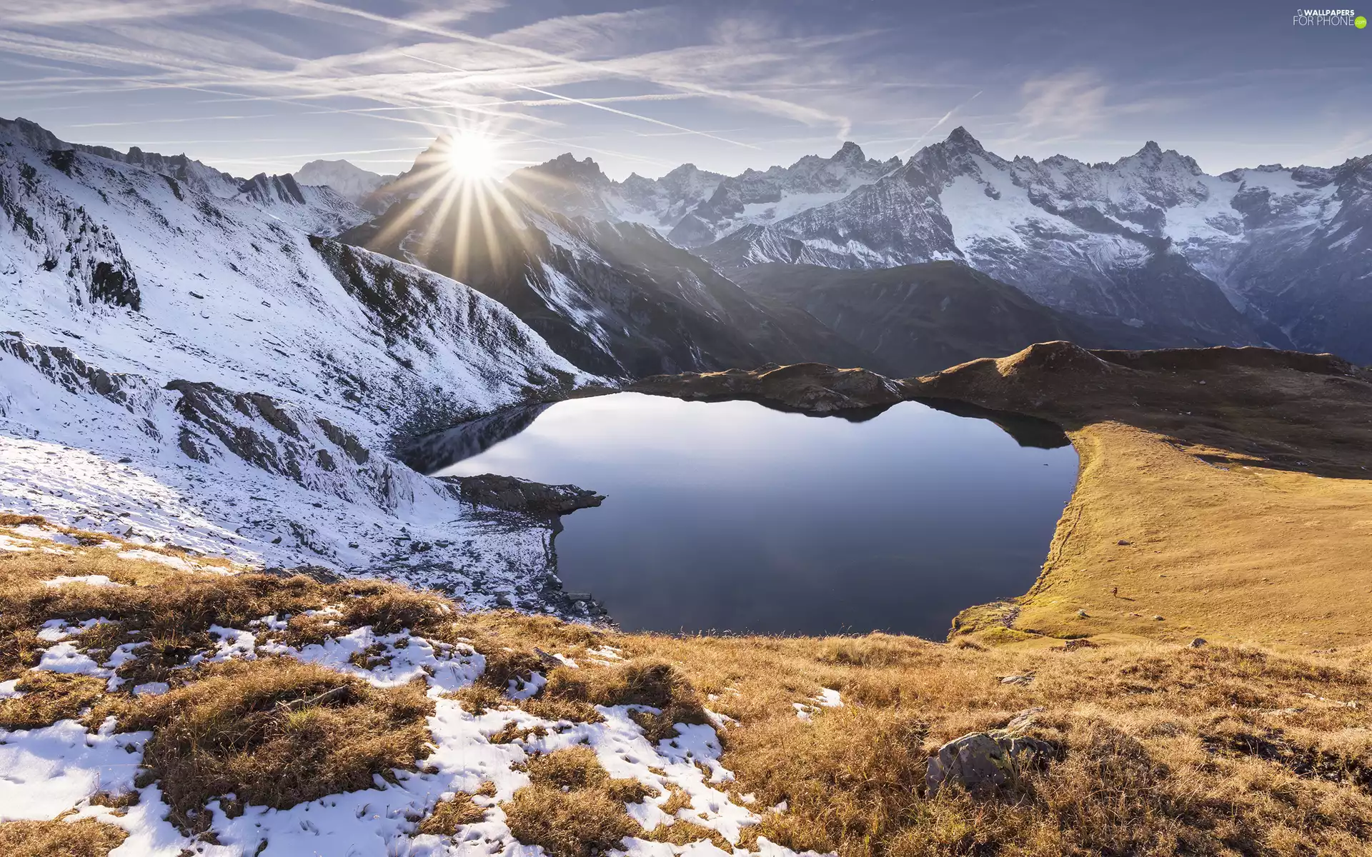 Mountains, rays of the Sun, Yellowstone National Park, Heart Lake, The United States