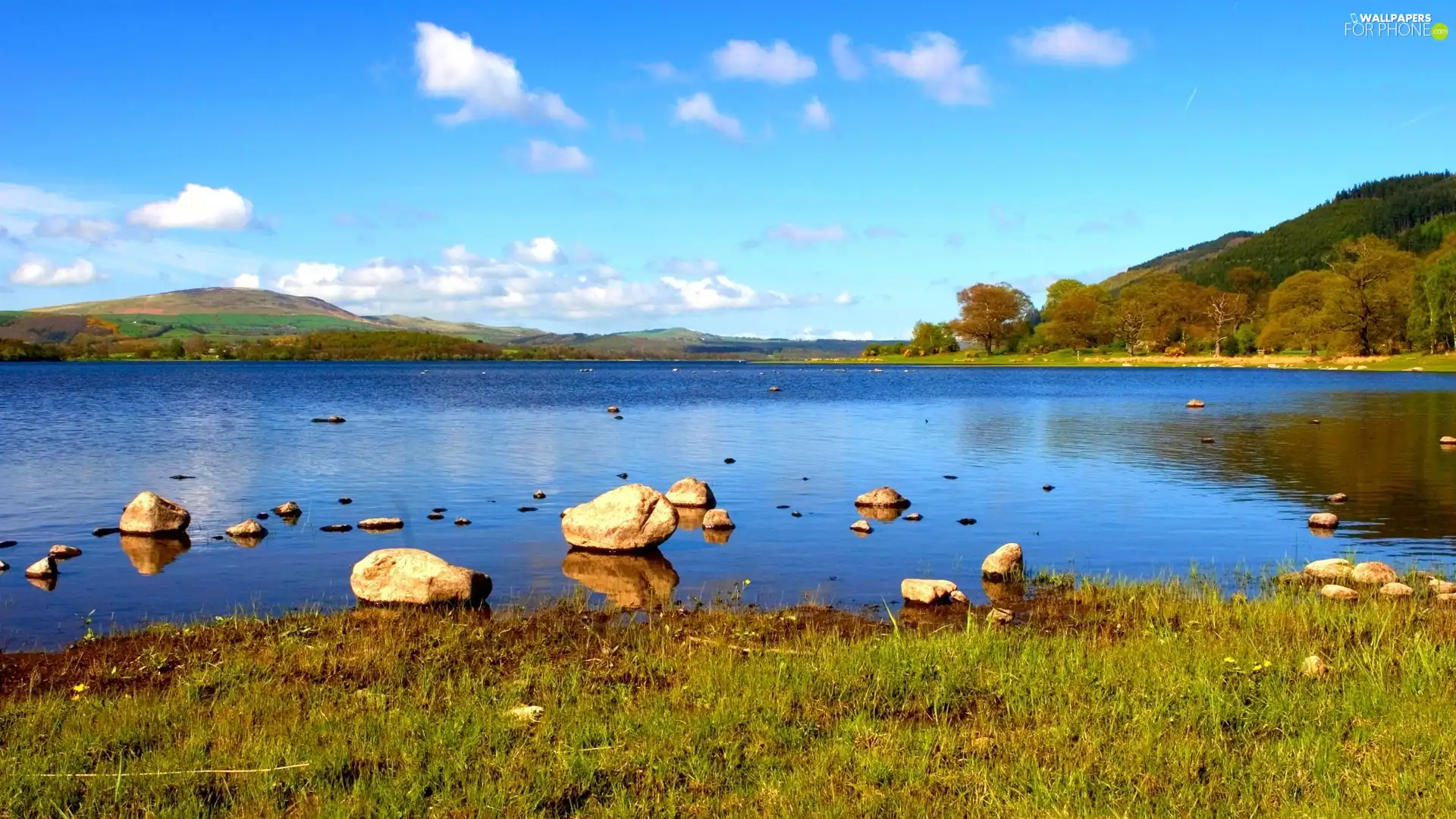 Stones, lake, The Hills