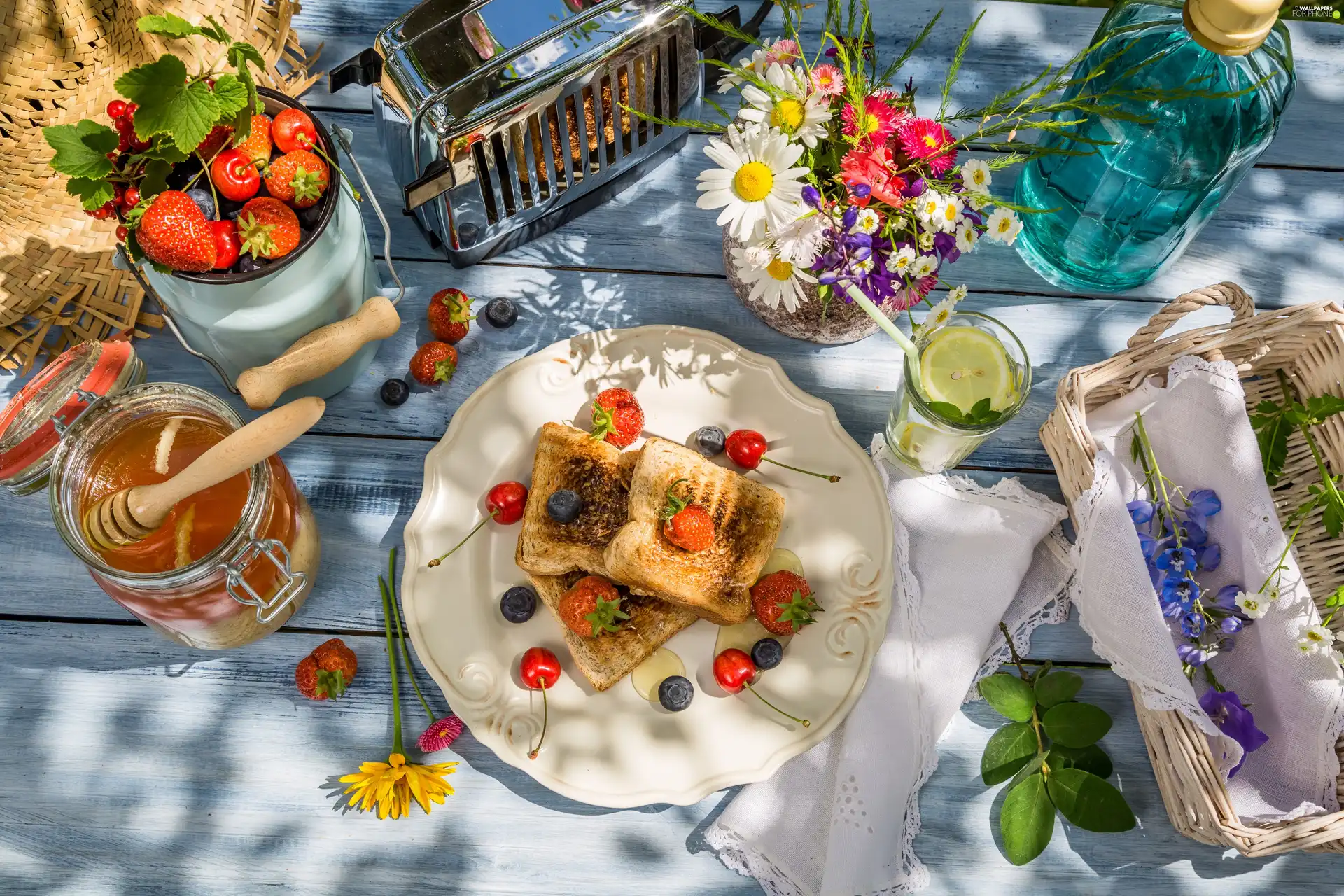 Fruits, plate, Toaster, toast, breakfast, honey, basket