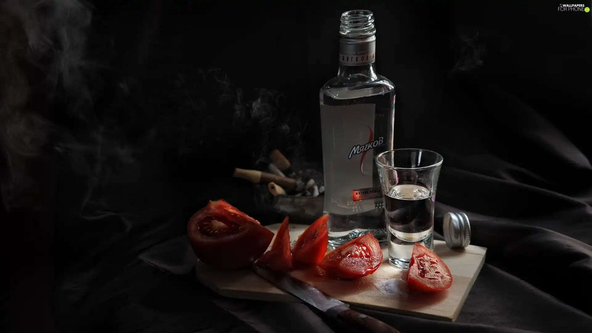 Bottle, glass, tomatoes, vodka