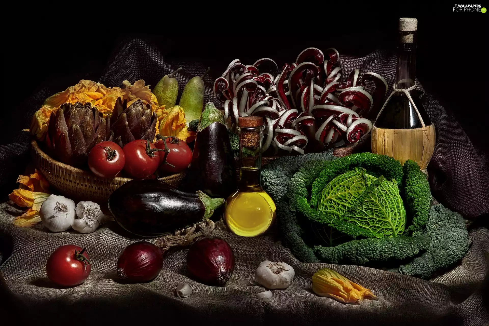 tomatoes, vegetables, onion, Aubergine, Bottle, Wine, cabbage, garlic, artichokes