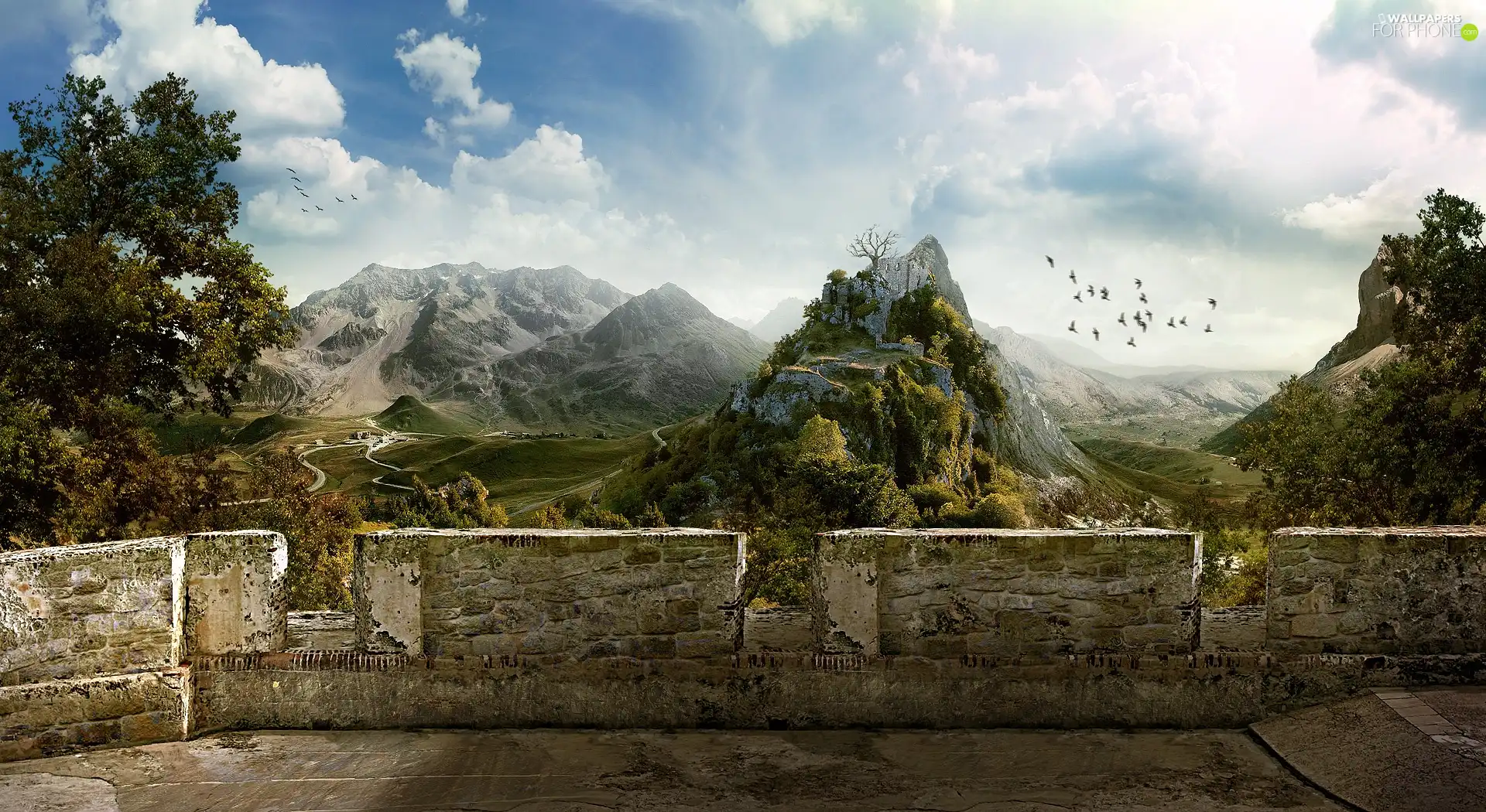 tower, Mountains, wall