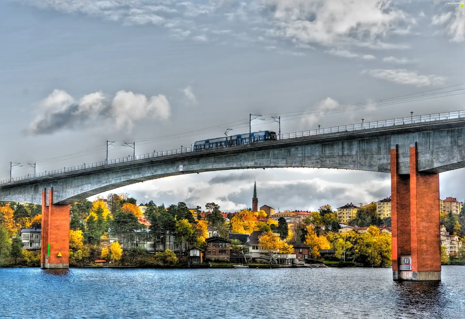 town, autumn, bridge, panorama, River