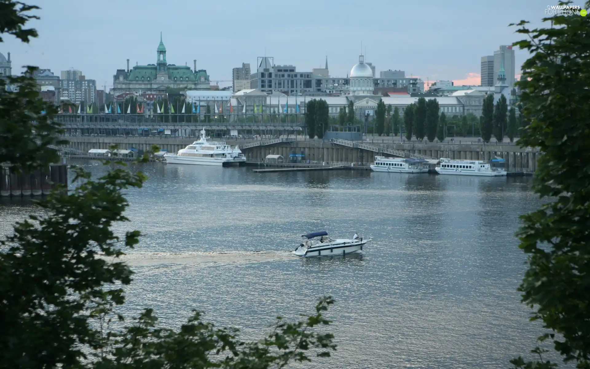 Motor boat, panorama, town