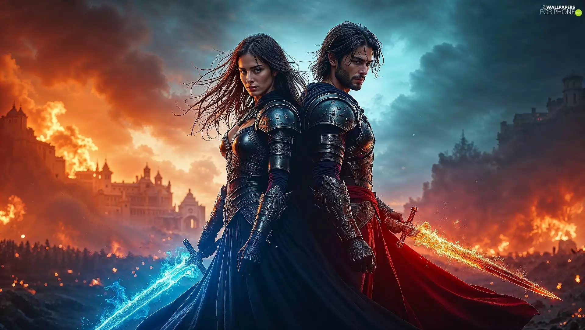 armor, Women, burning, Town, Swords, a man