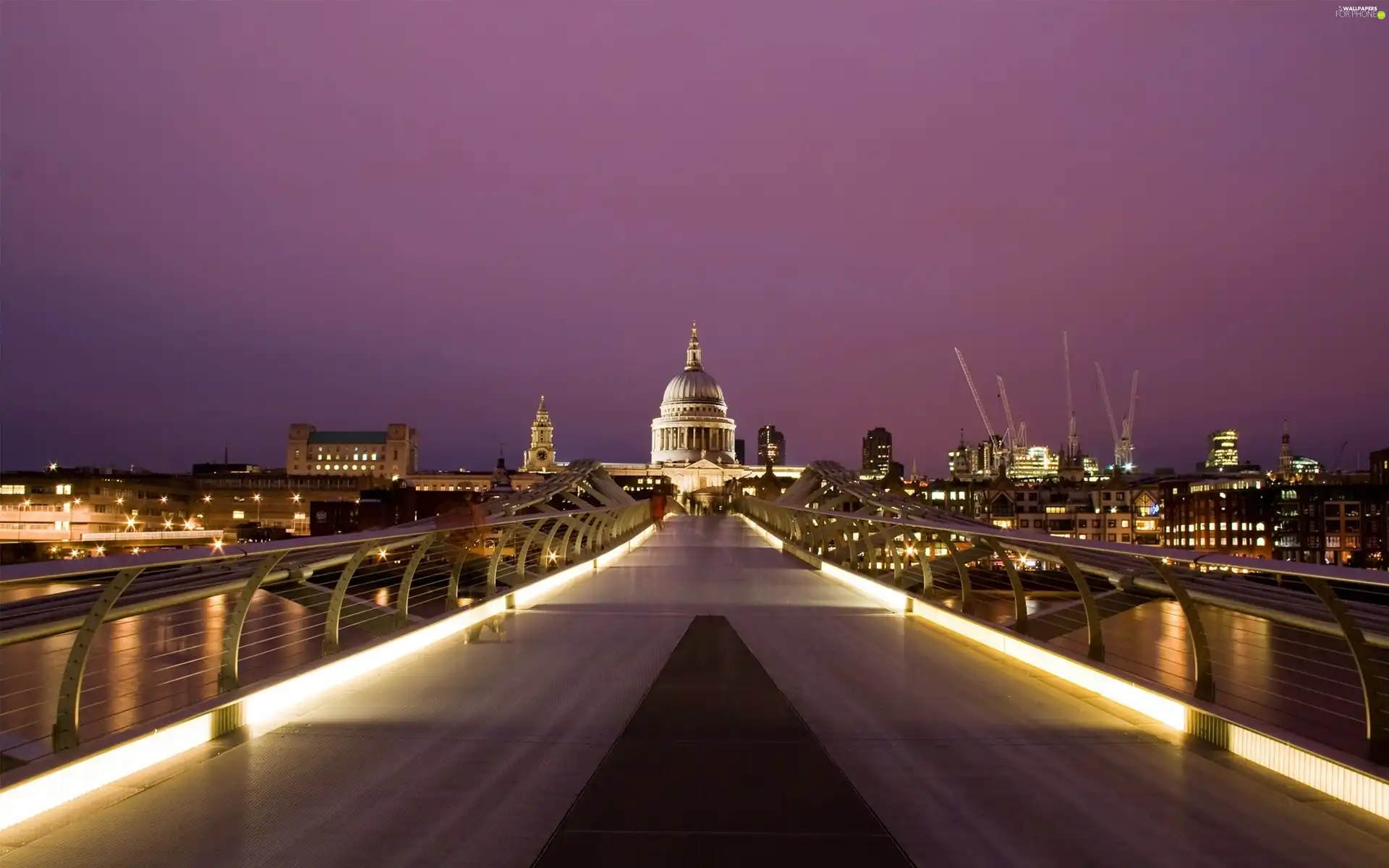 Floodlit, View, town, bridge