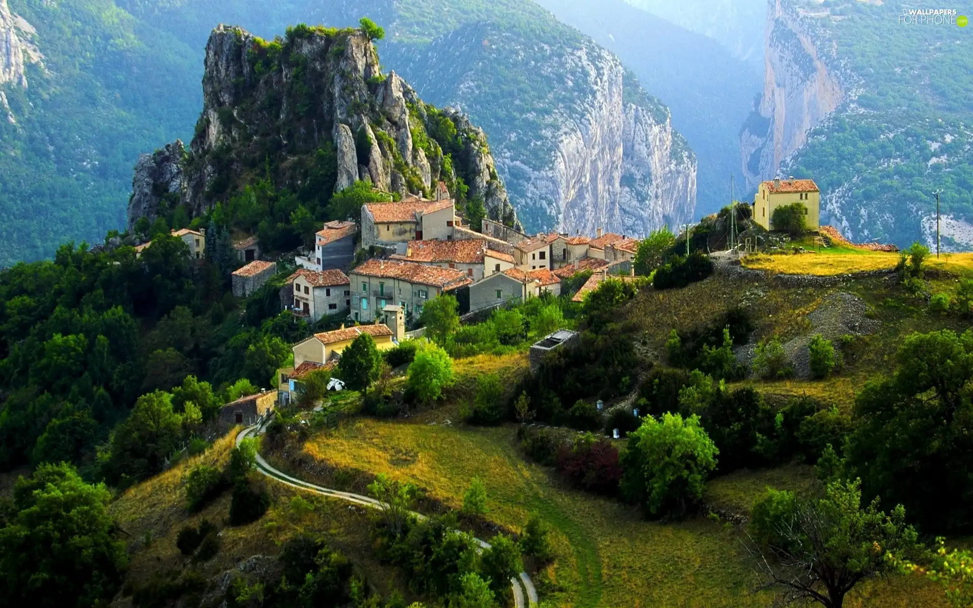 Town, Mountains, forest