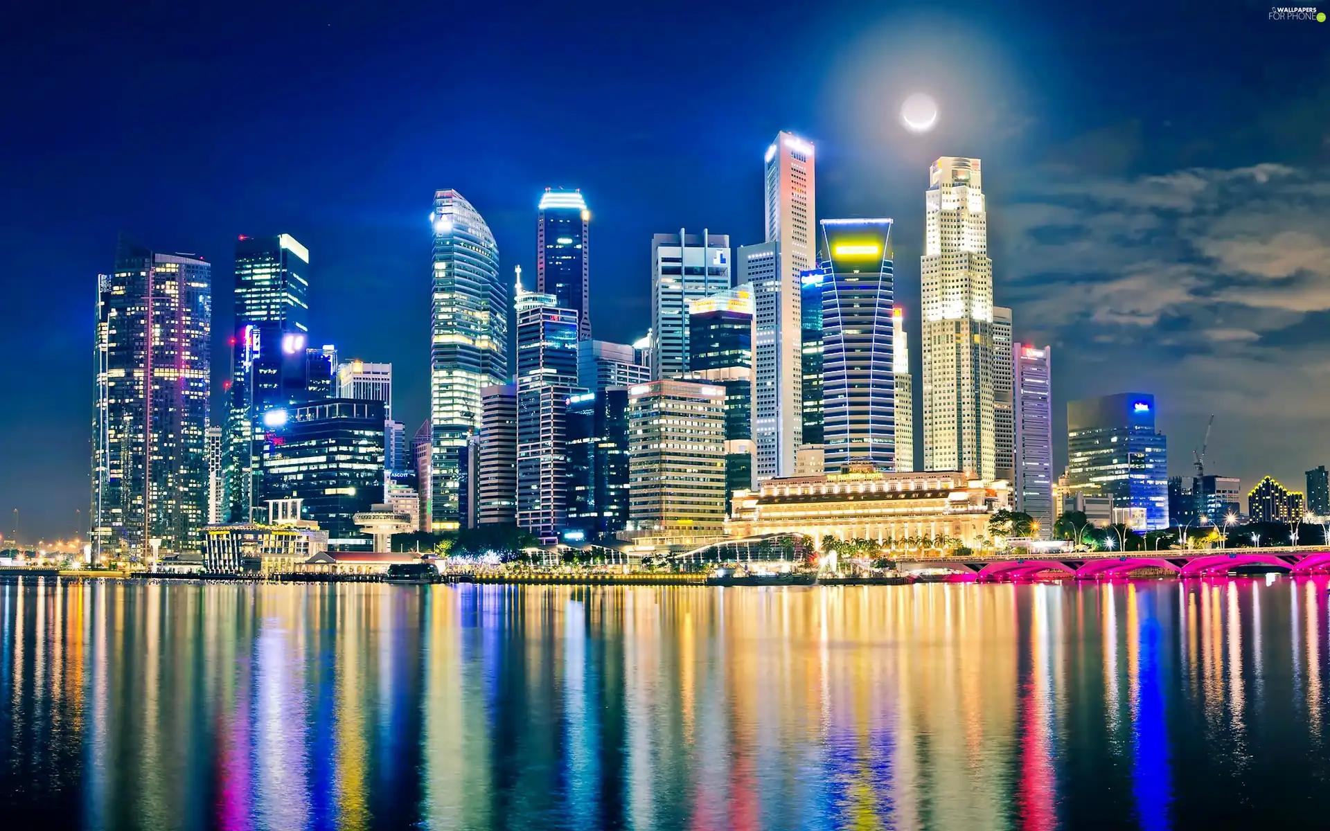 moon, skyscrapers, Town, night, Singapur, clouds