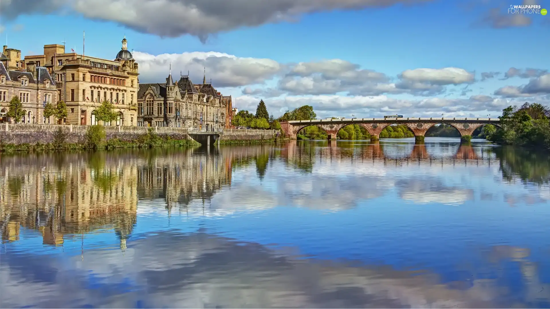 River, panorama, town, bridge