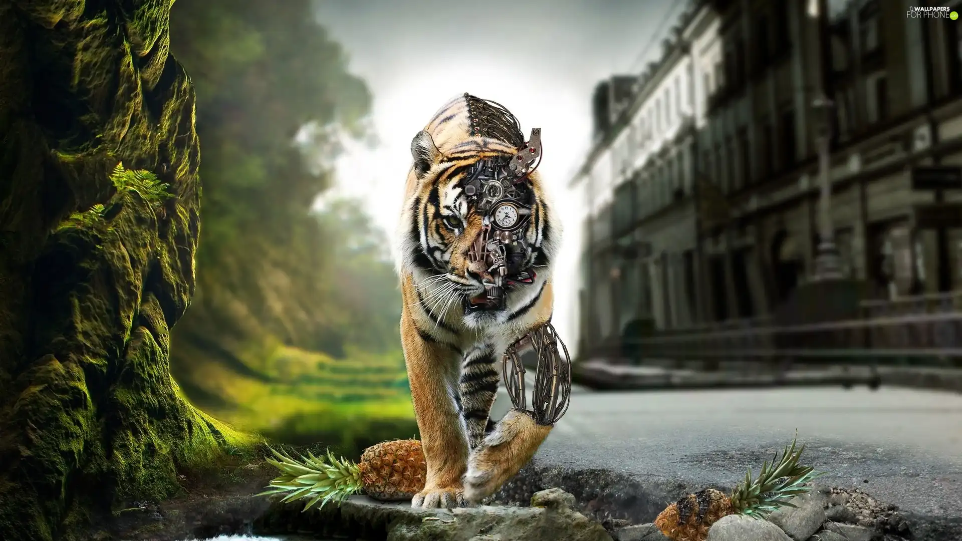 Robot, forest, Town, tiger