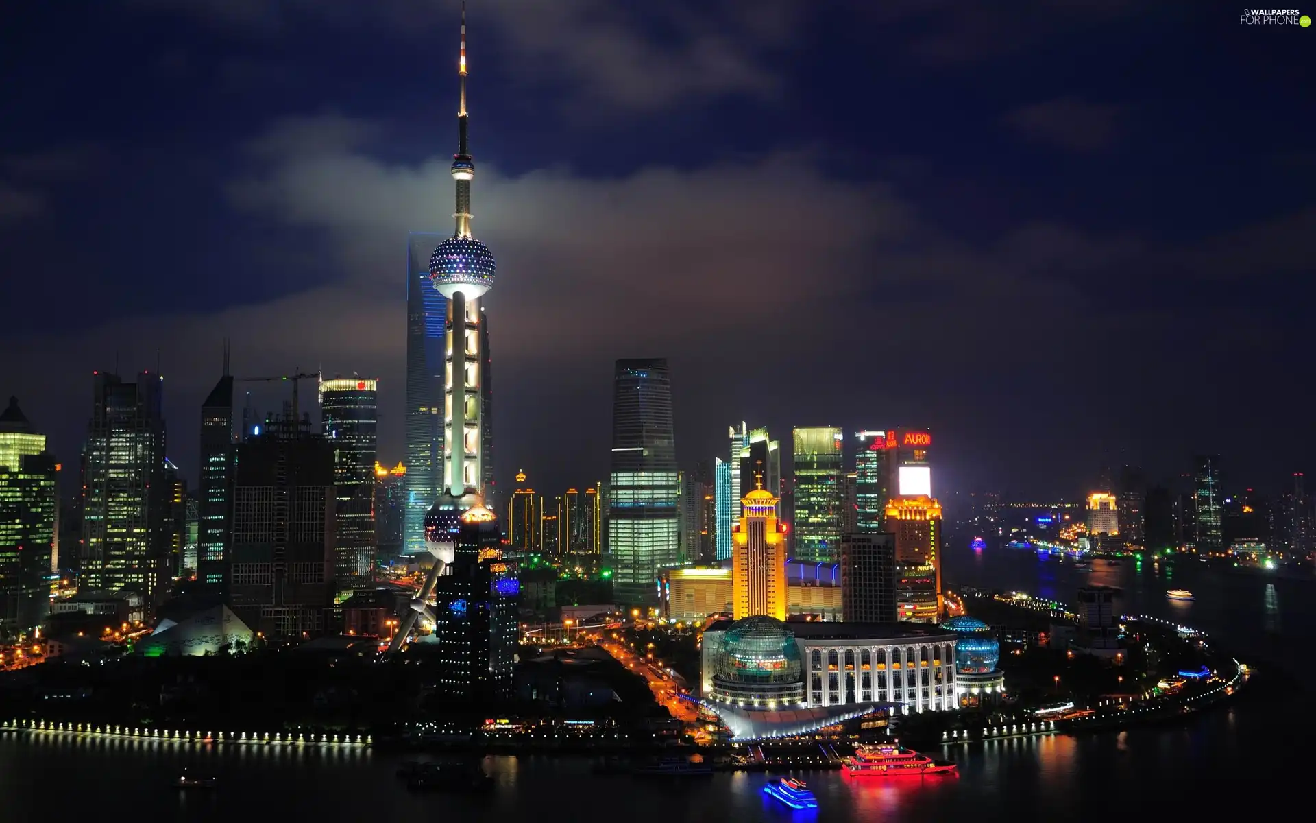 Town, skyscraper, China, Night, Szanghaj