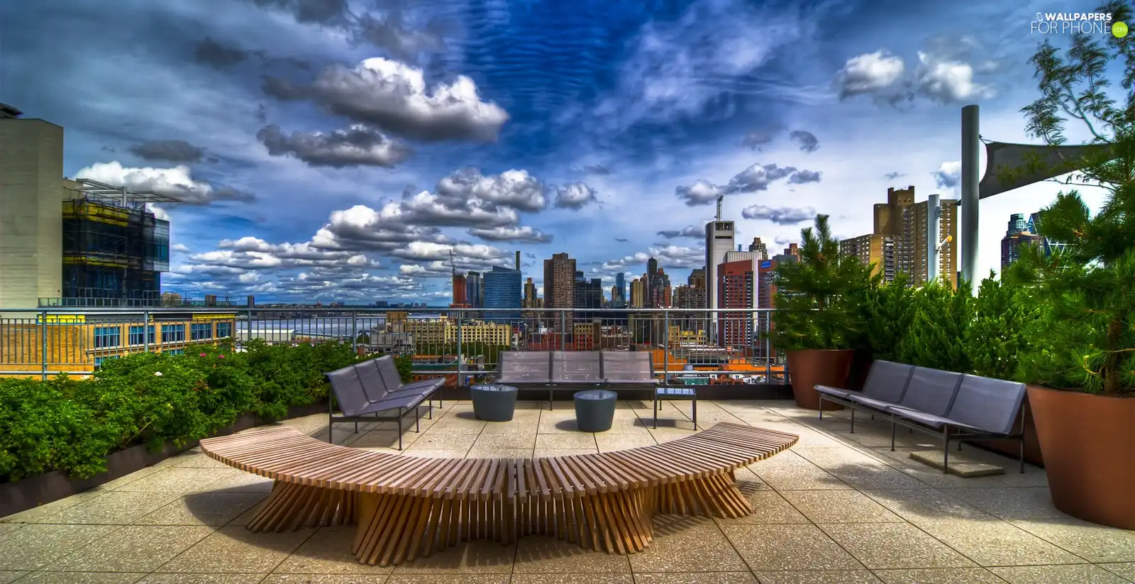 terrace, panorama, town, bench