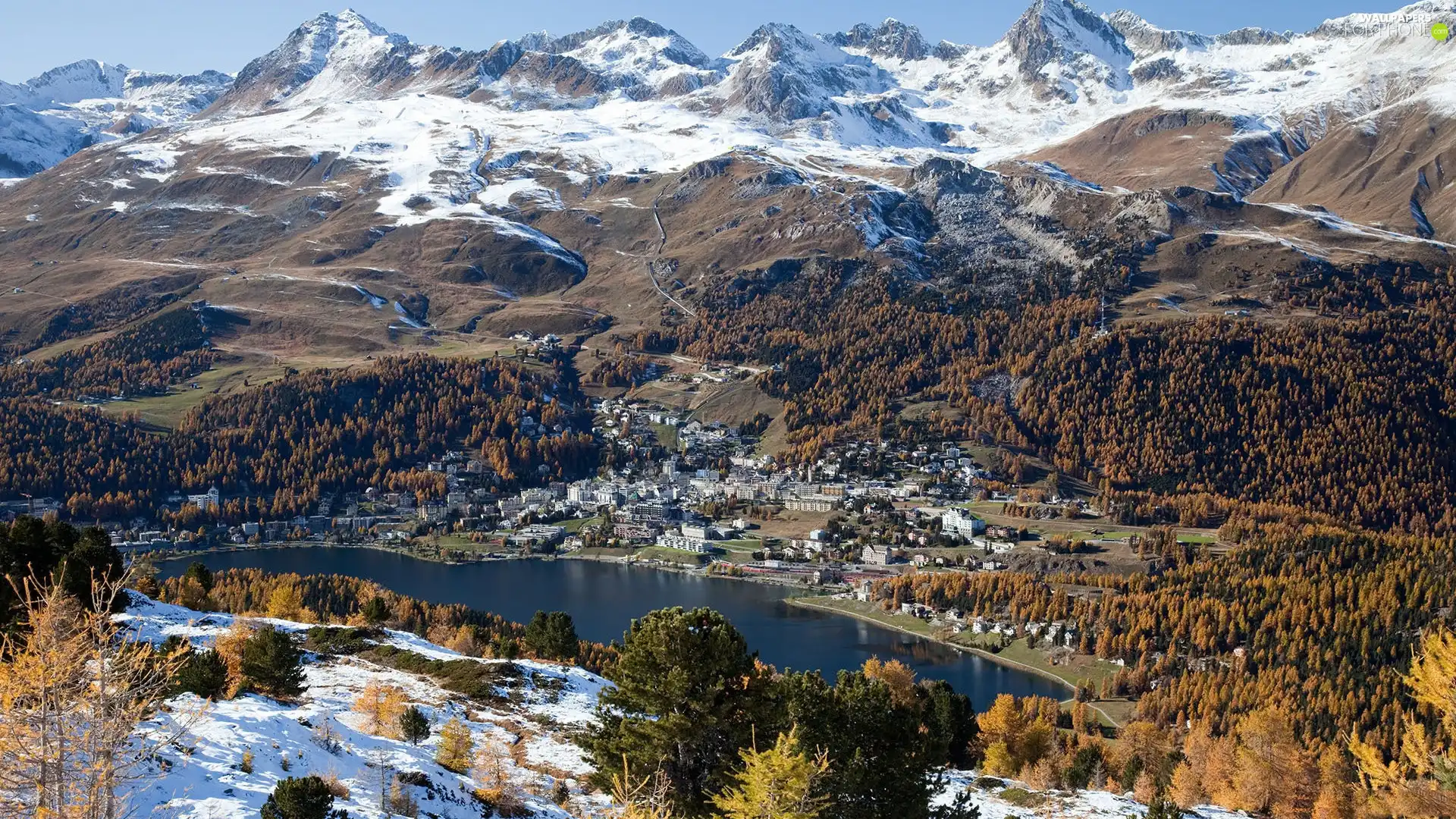 Valley, lake, Town, Mountains