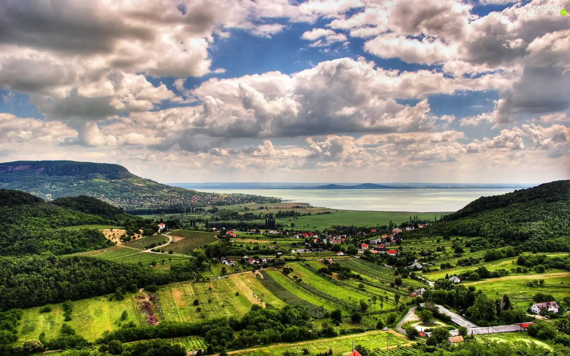 Mountains, towns, Hungary, woods, medows, Balaton, lake, field